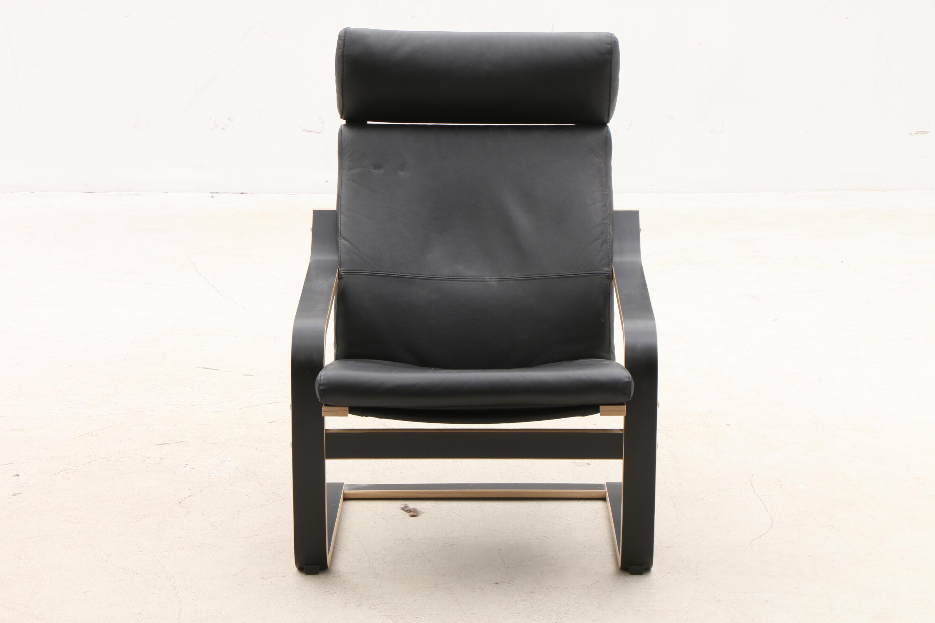 Ikea "Poang" Leather Lounge Chair with Ottoman in Black
