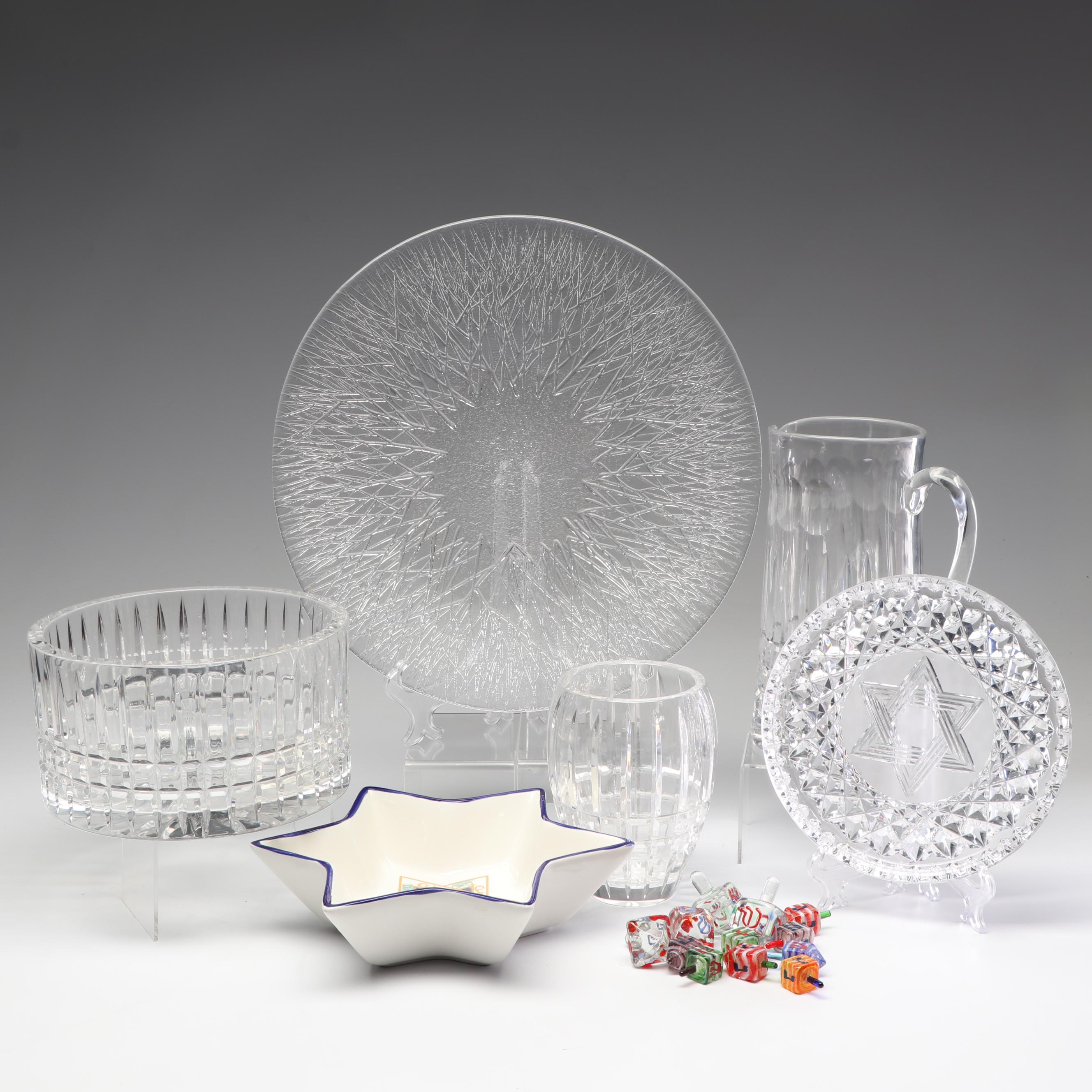 Crystal Judaica Decor Including Waterford Tray and Jim Karg Glass Paperweight