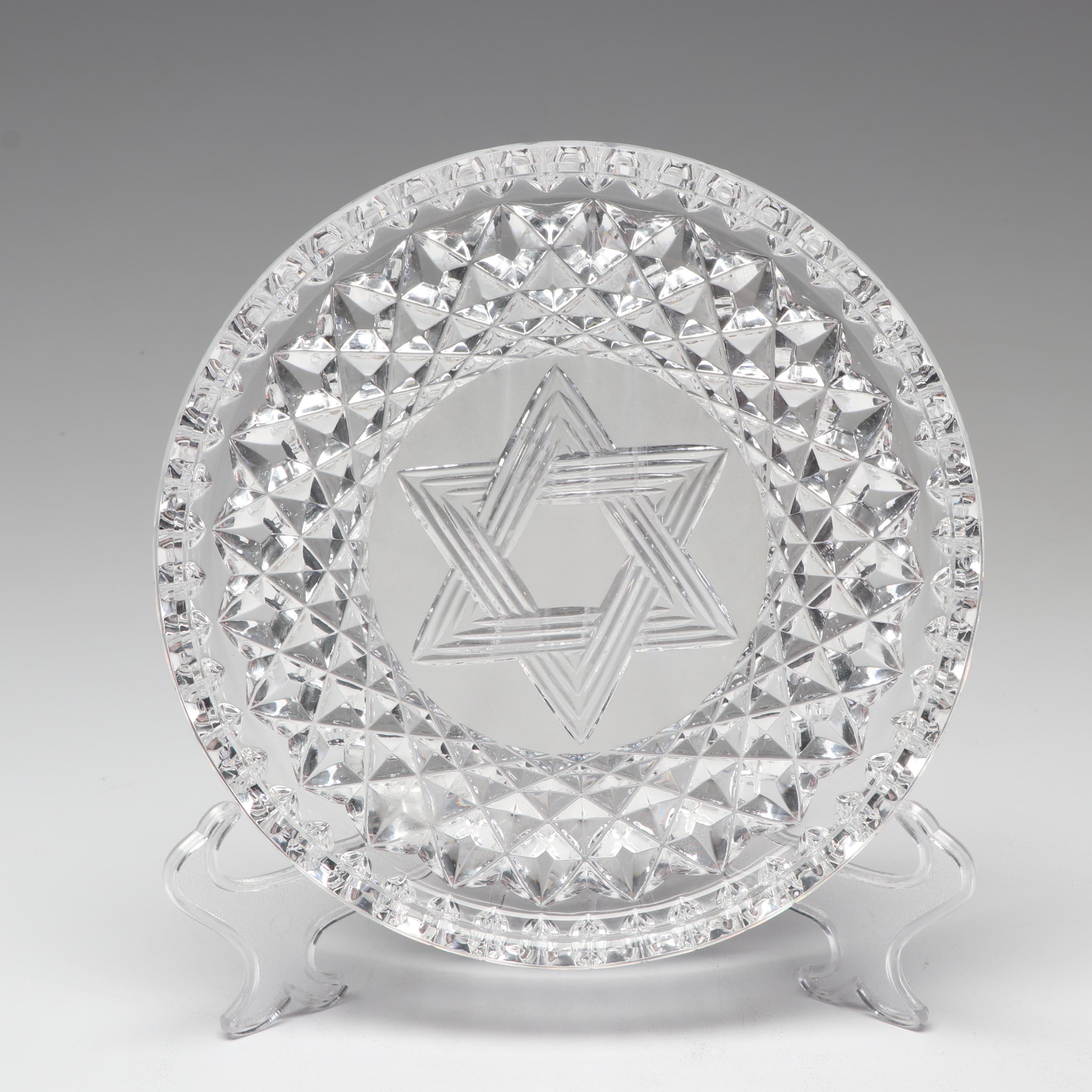 Crystal Judaica Decor Including Waterford Tray and Jim Karg Glass Paperweight