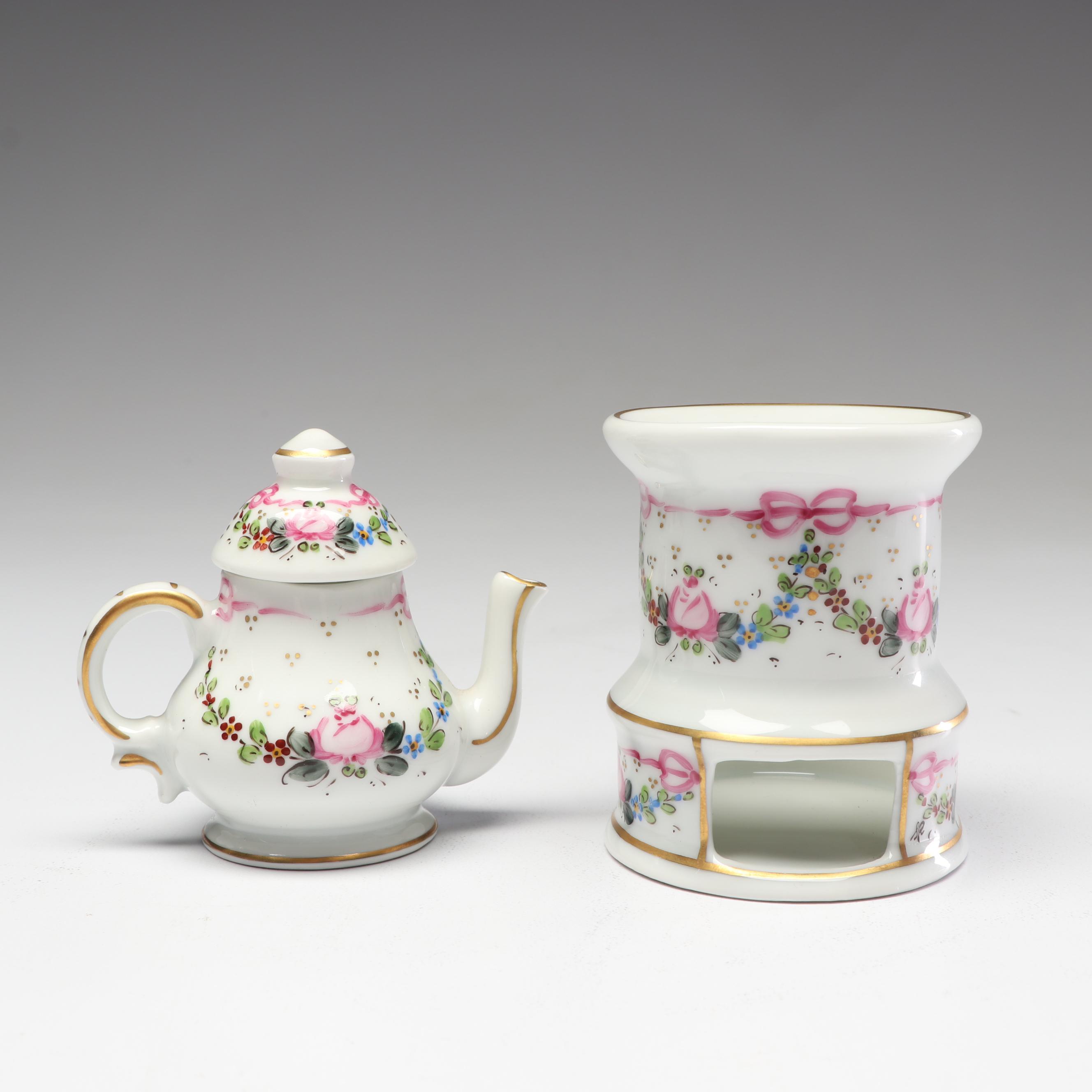 Limoges Hand-Painted Porcelain Miniature Teapot with Colonial Stove Figurine