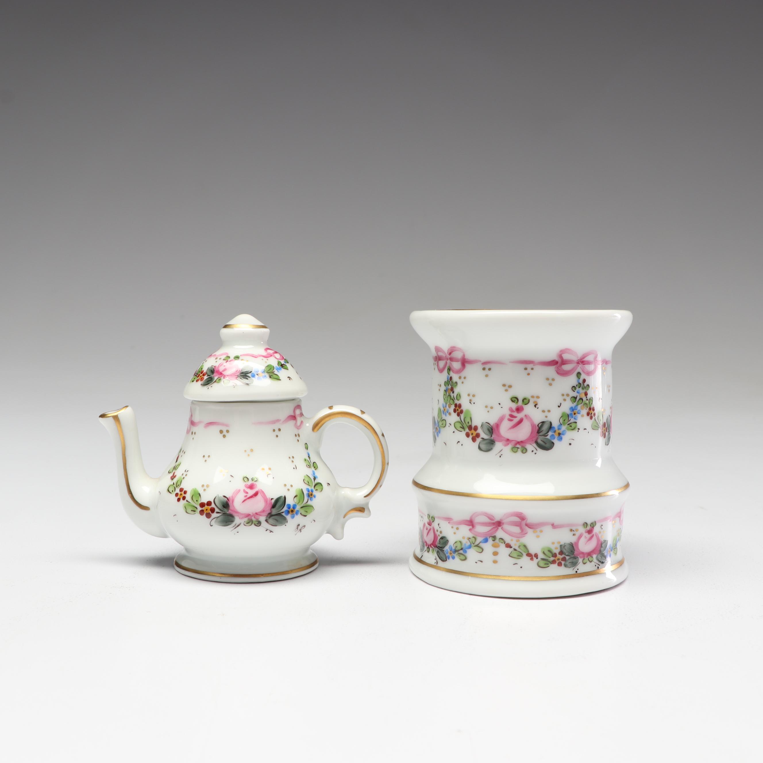 Limoges Hand-Painted Porcelain Miniature Teapot with Colonial Stove Figurine