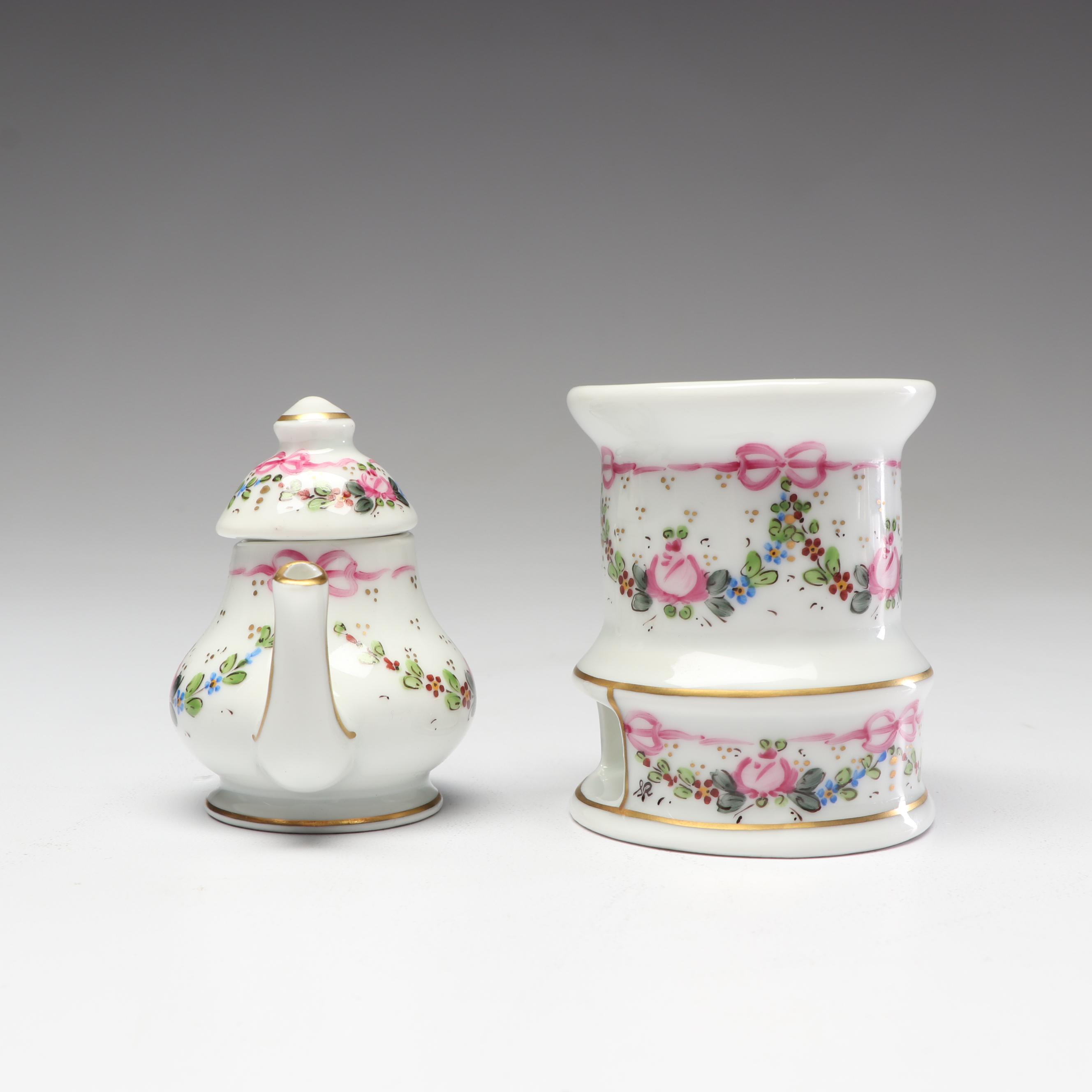 Limoges Hand-Painted Porcelain Miniature Teapot with Colonial Stove Figurine