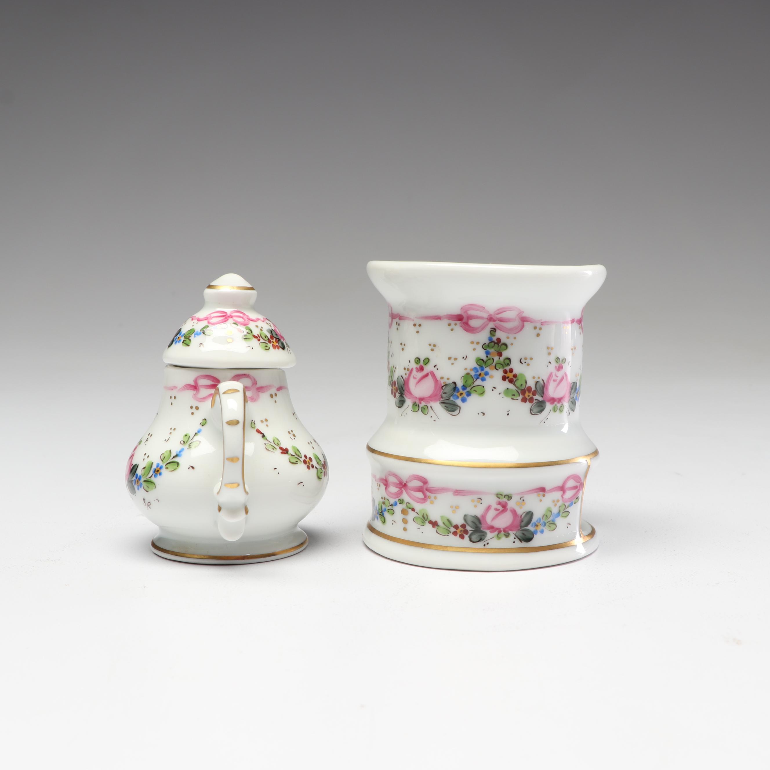 Limoges Hand-Painted Porcelain Miniature Teapot with Colonial Stove Figurine