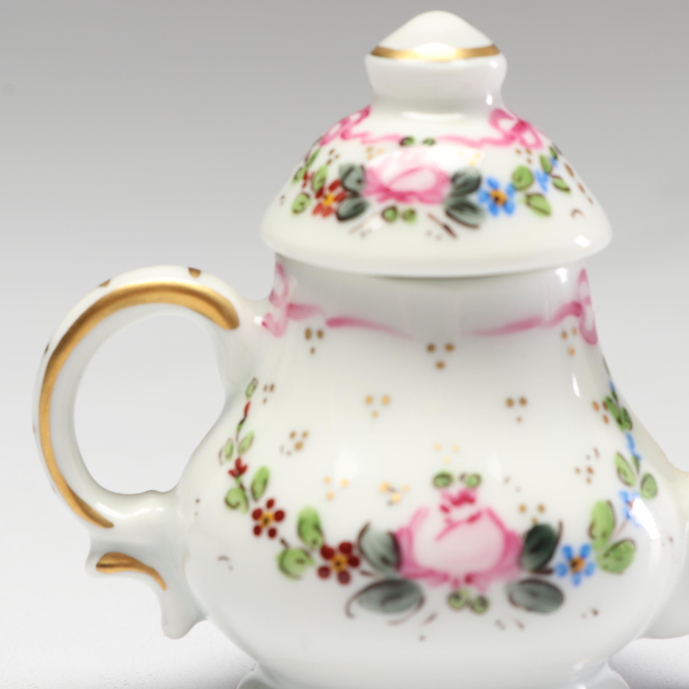 Limoges Hand-Painted Porcelain Miniature Teapot with Colonial Stove Figurine
