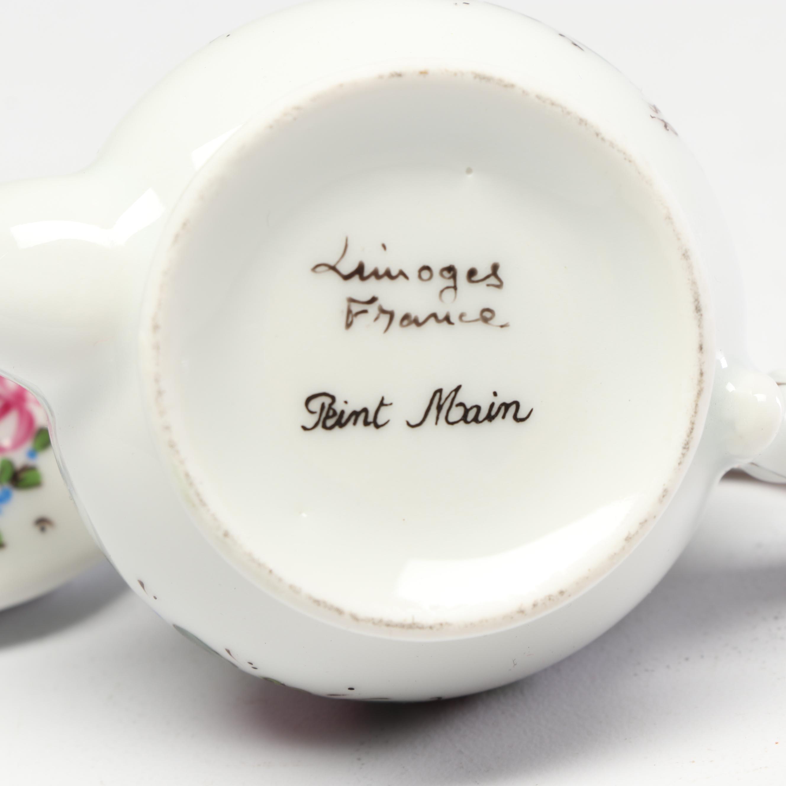 Limoges Hand-Painted Porcelain Miniature Teapot with Colonial Stove Figurine