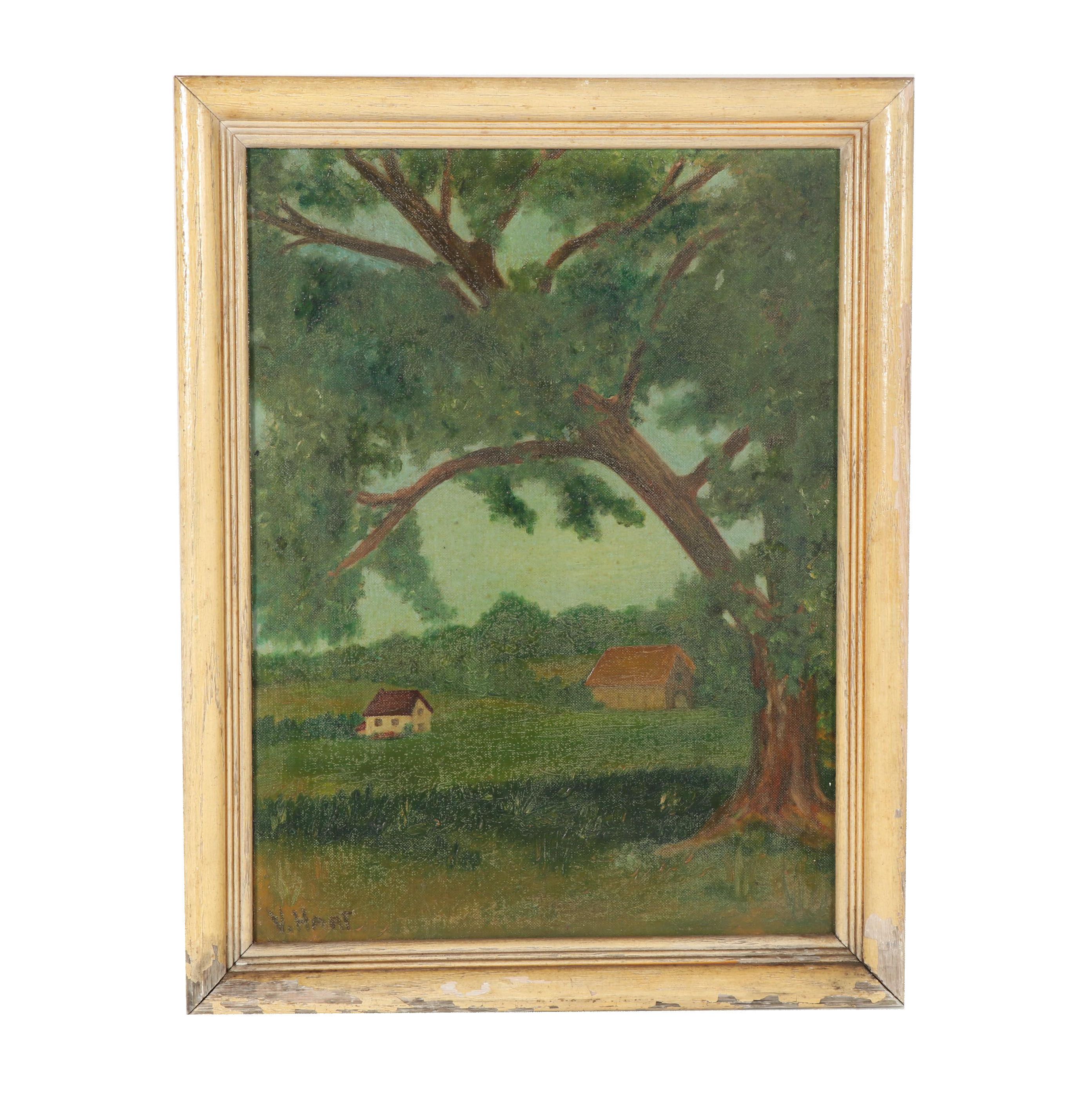 V. Hart Folk Art Oil Painting
