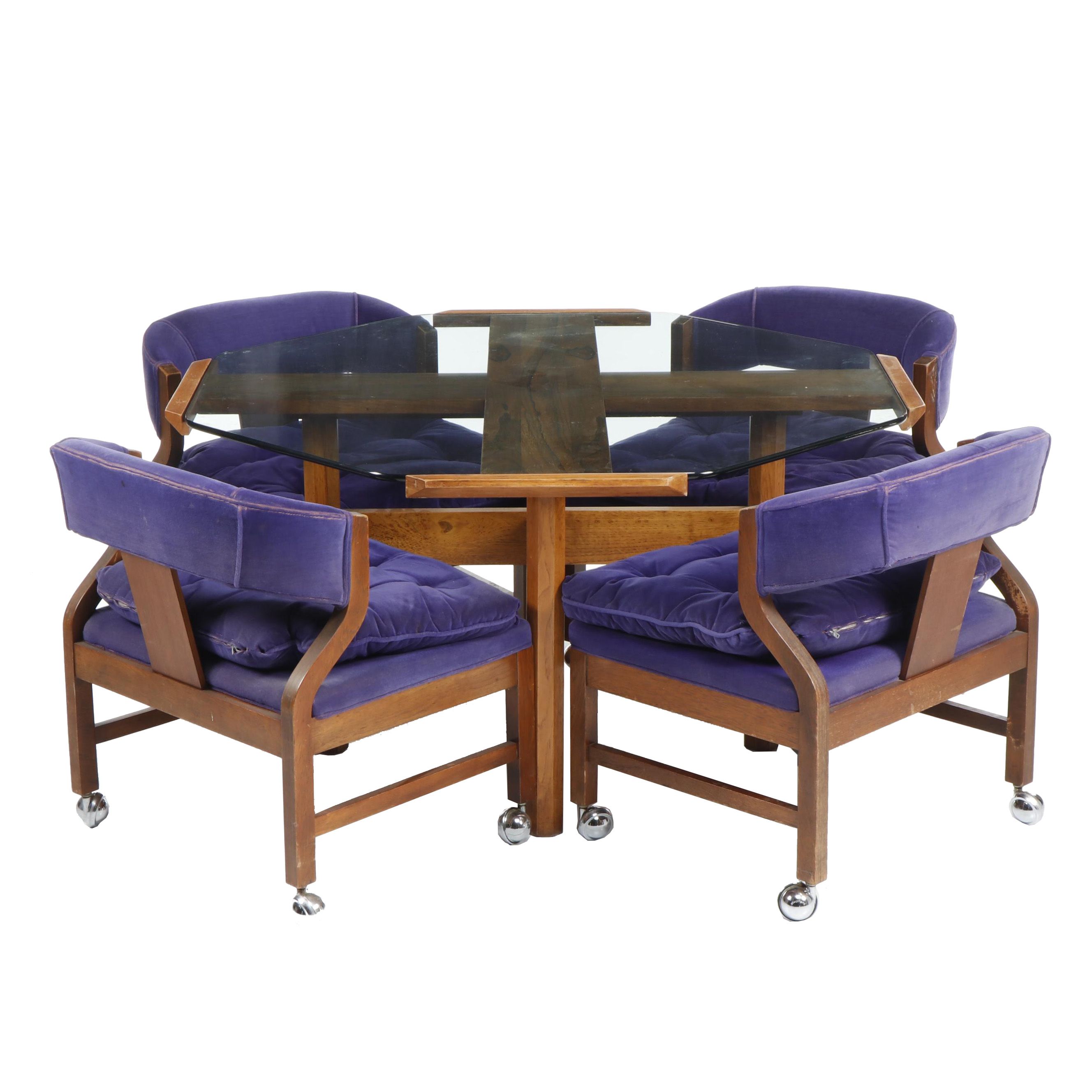 Mid Century Modern Glass Top Table and Purple Velvet Chairs on Casters