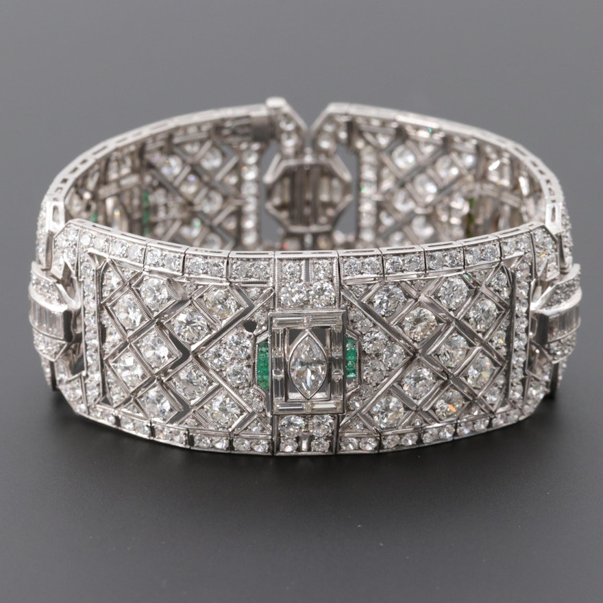 Art Deco Platinum 21.98 CTW Diamond and Emerald Panel Bracelet