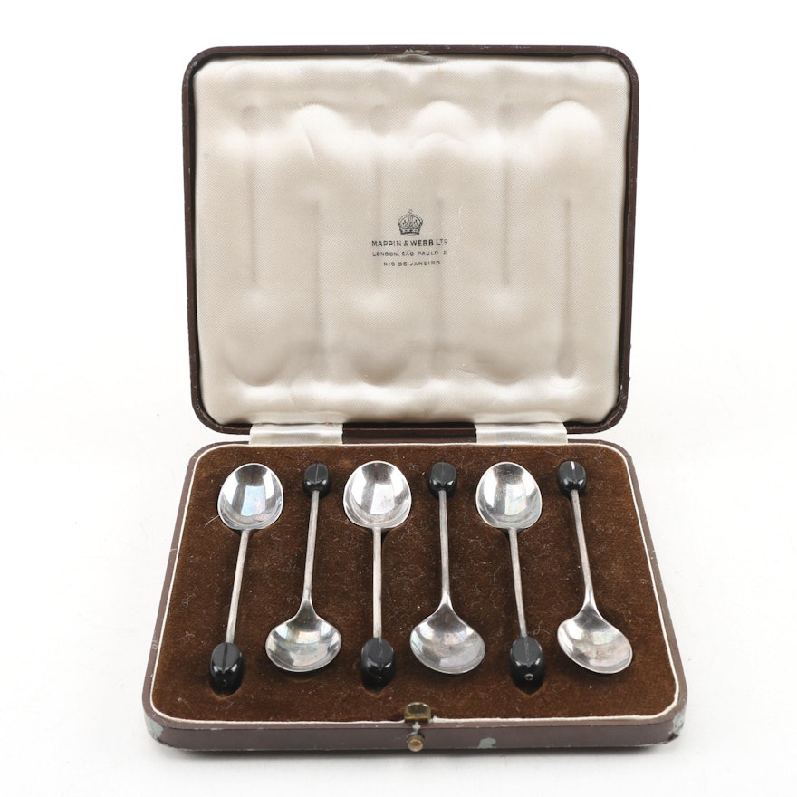 Mappin & Webb Silver Plate Demitasse Spoon Set with Coffee Bean Finials, c.1920s