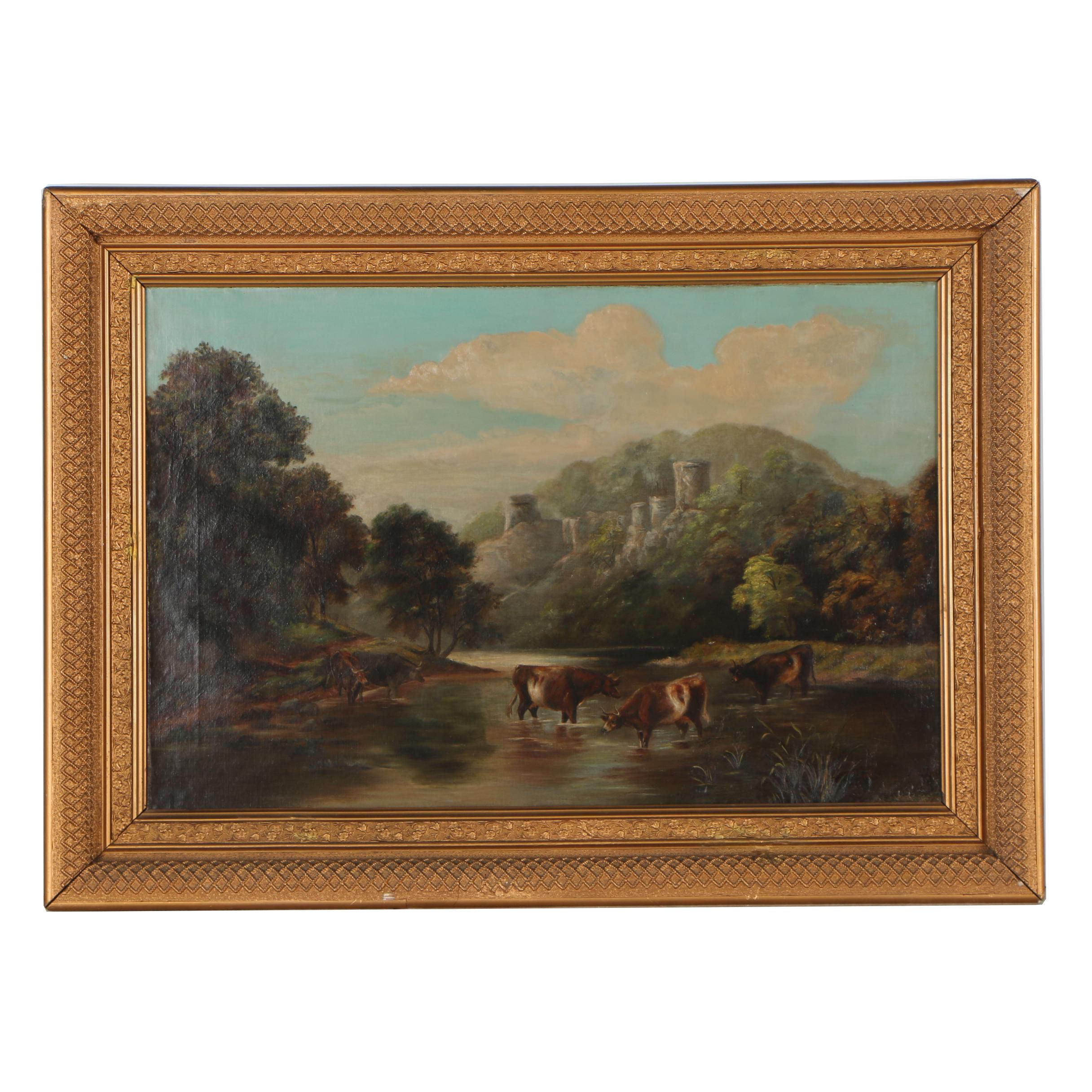 19th Century Pastoral Landscape Oil Painting
