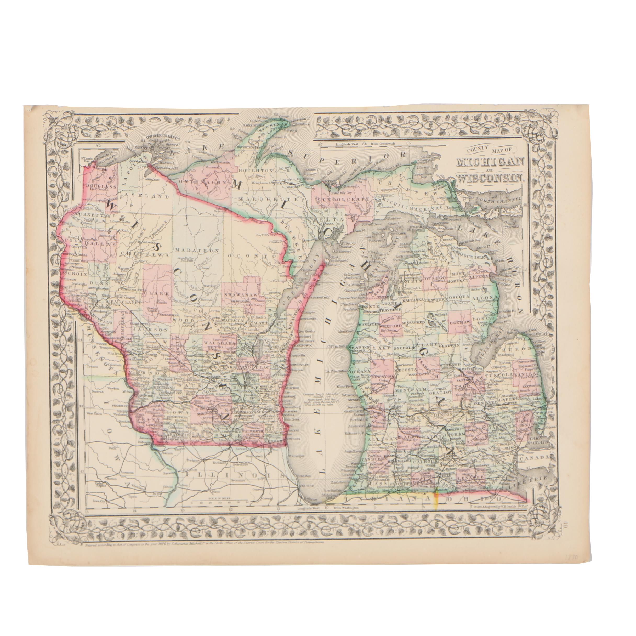 W.H. Gamble Hand-Colored County Map from "Mitchell's New General Atlas", 1870