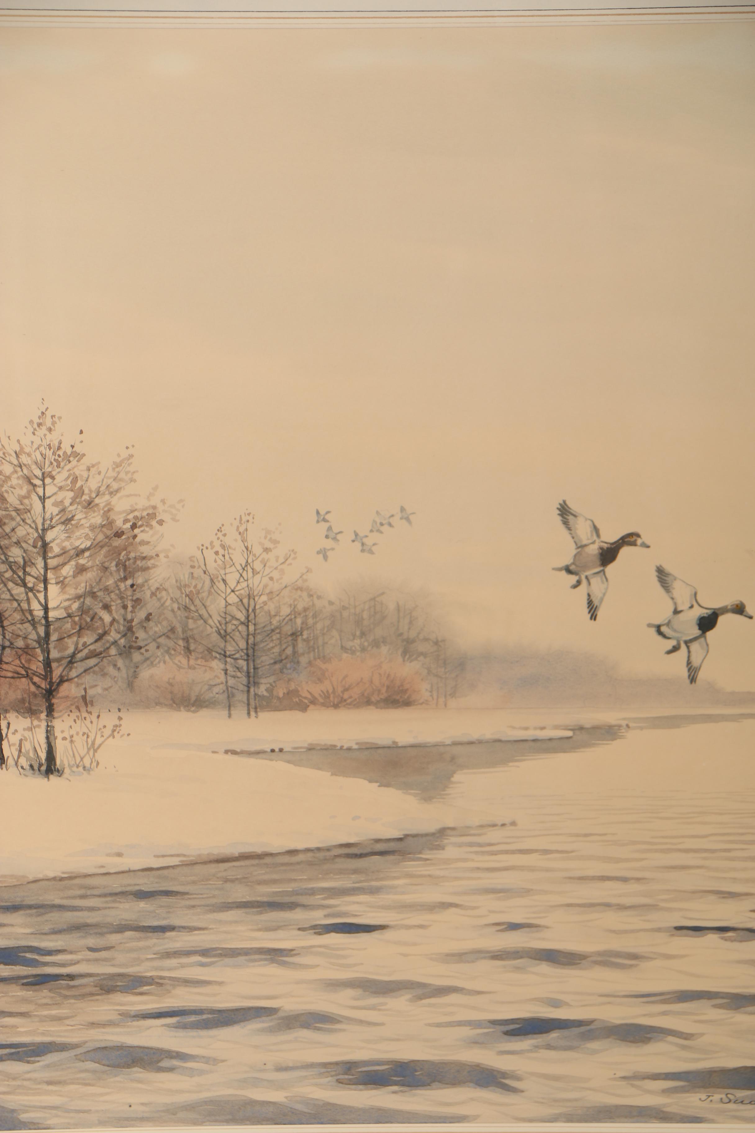 John Sudy Watercolor Painting of Flying Ducks