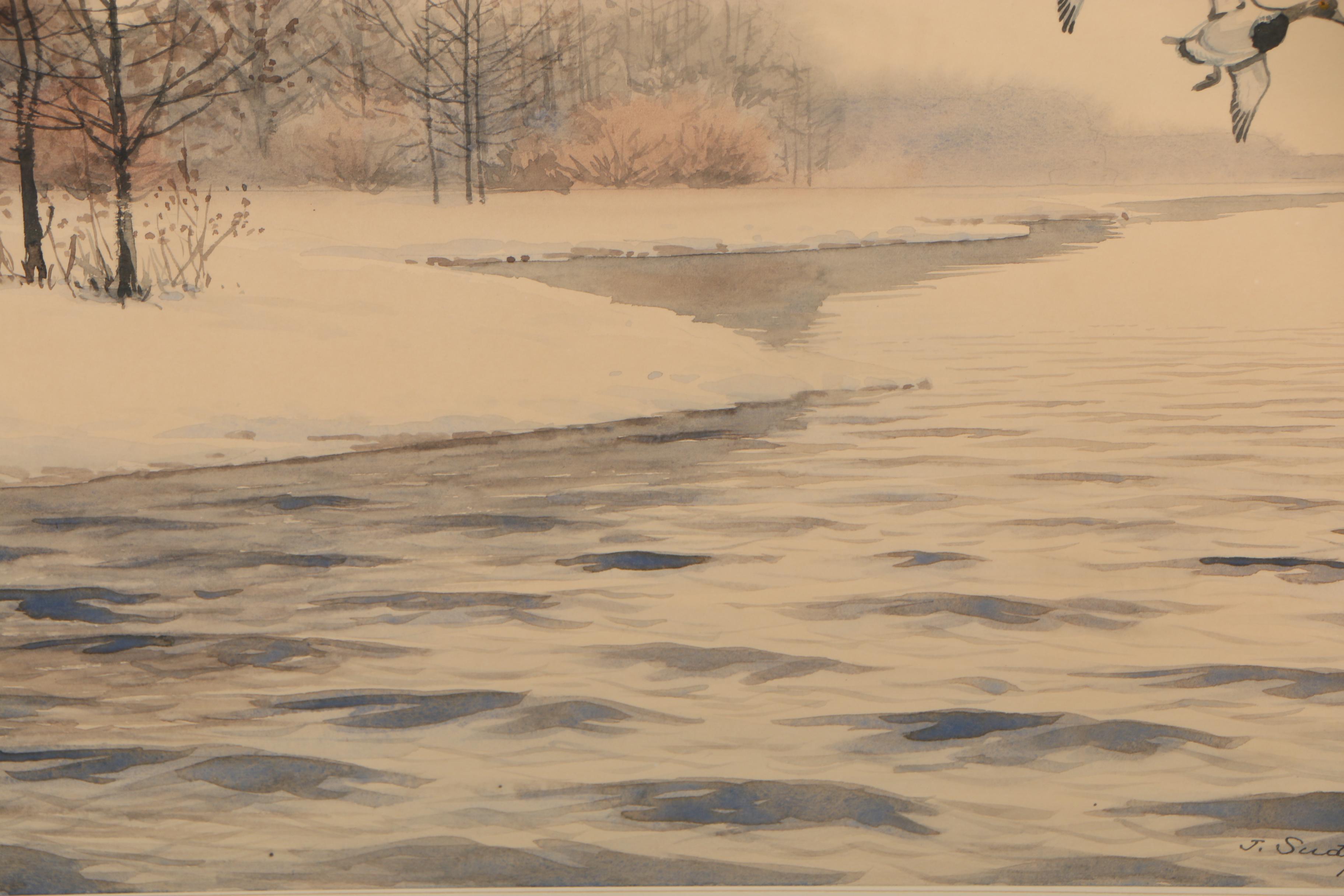 John Sudy Watercolor Painting of Flying Ducks