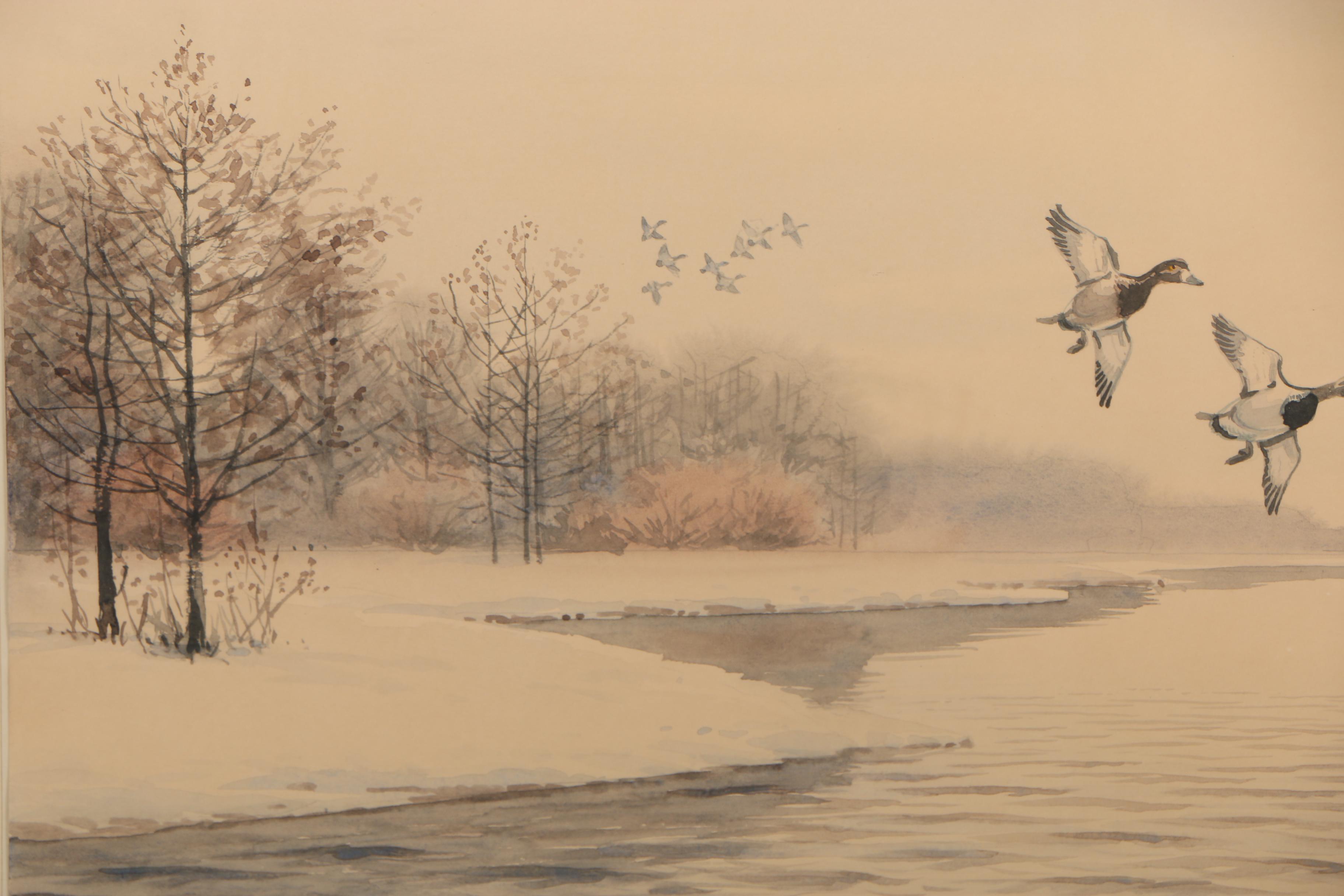 John Sudy Watercolor Painting of Flying Ducks