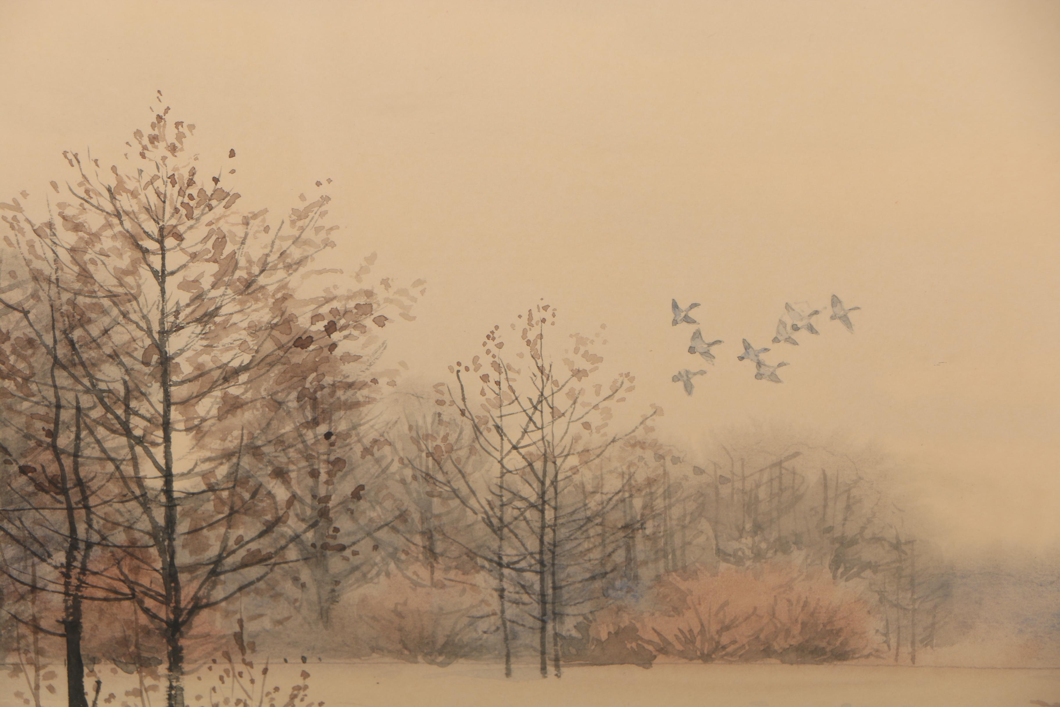 John Sudy Watercolor Painting of Flying Ducks