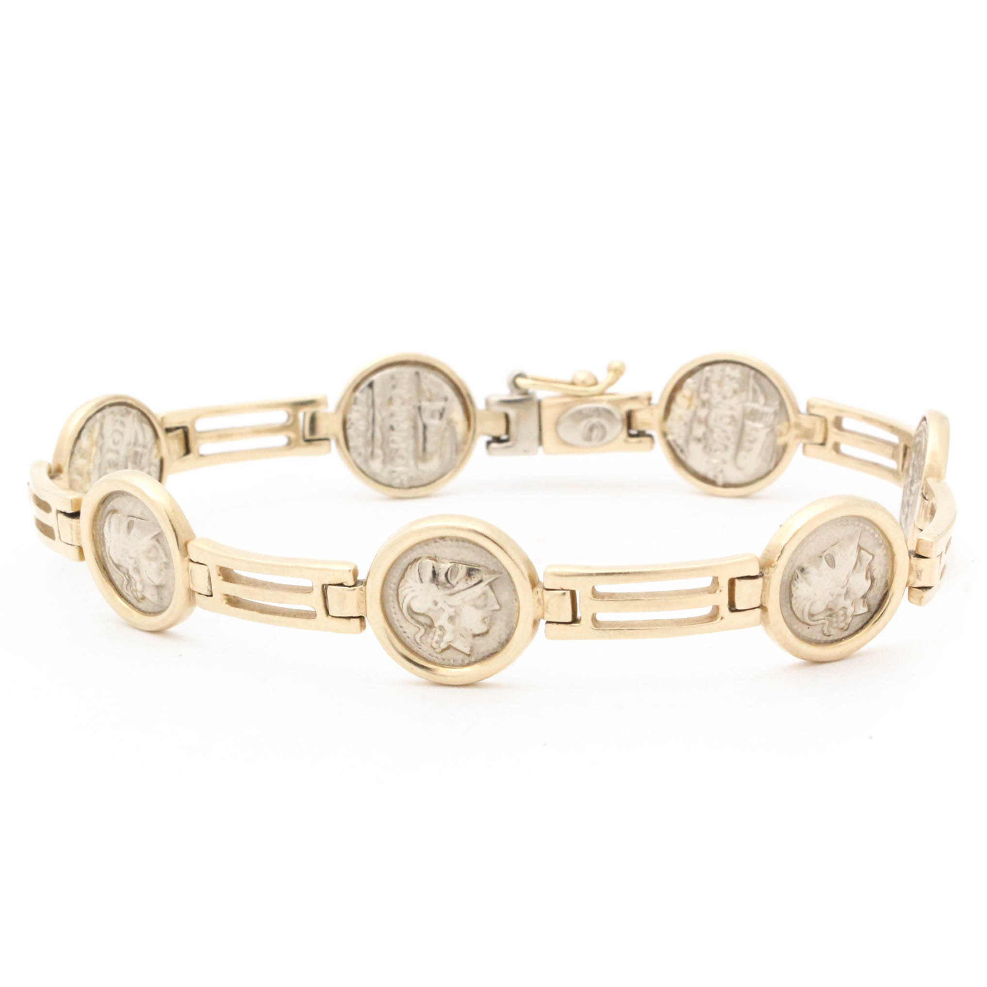 14K White and Yellow Gold Bracelet with Replica Greek Coinage