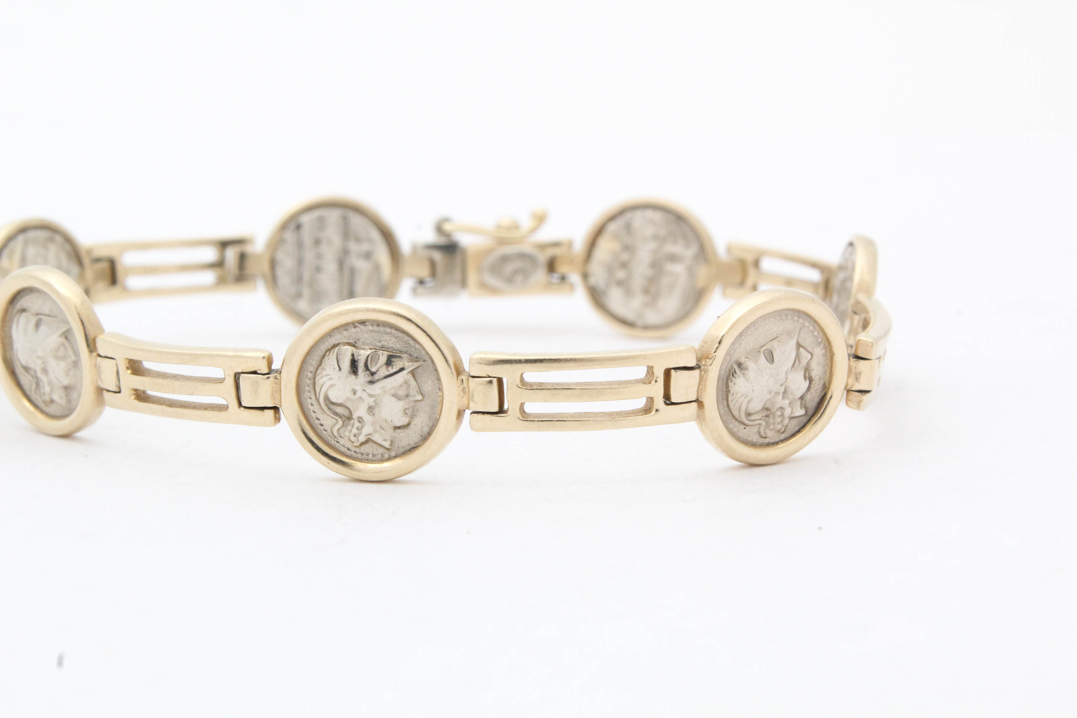 14K White and Yellow Gold Bracelet with Replica Greek Coinage