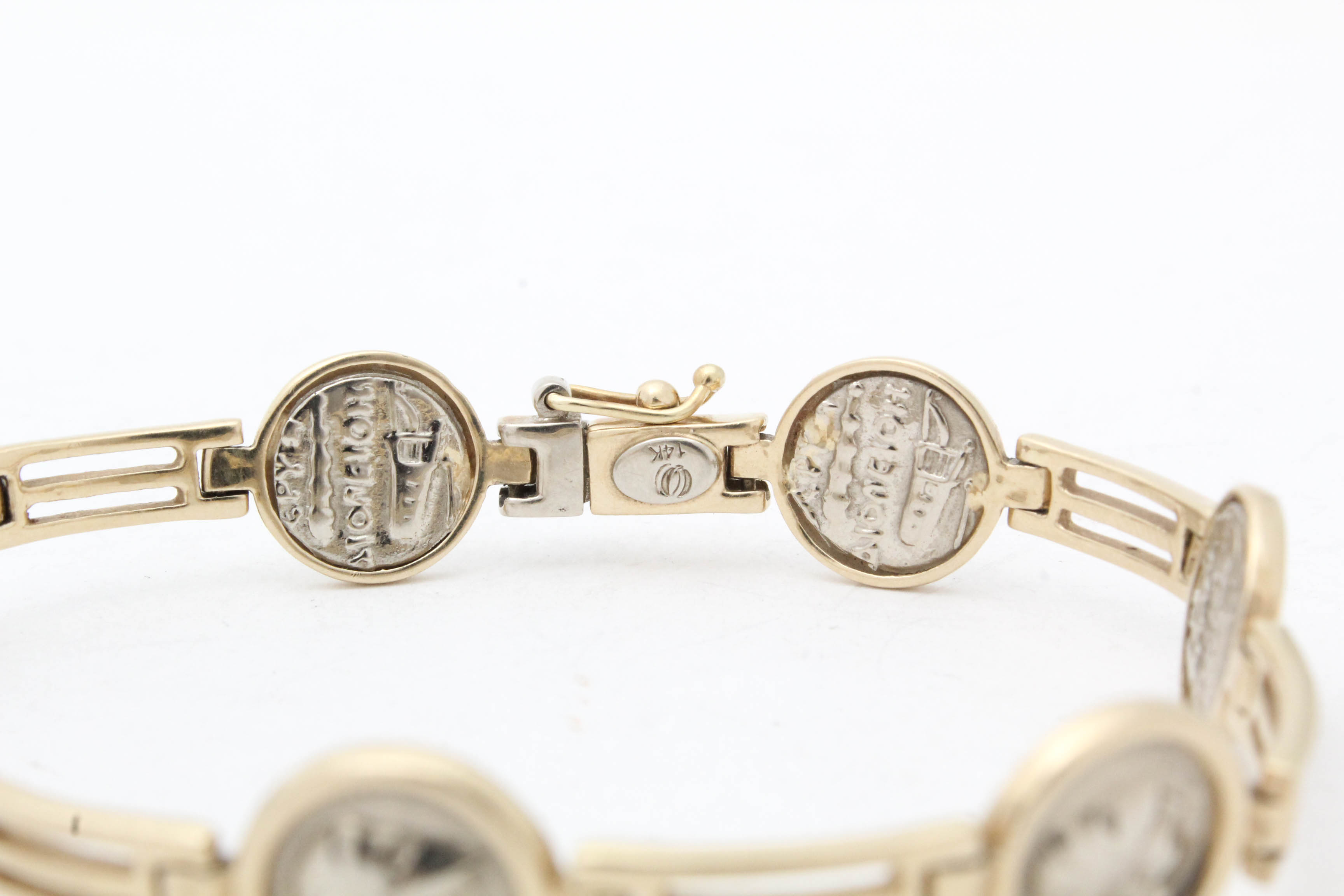 14K White and Yellow Gold Bracelet with Replica Greek Coinage