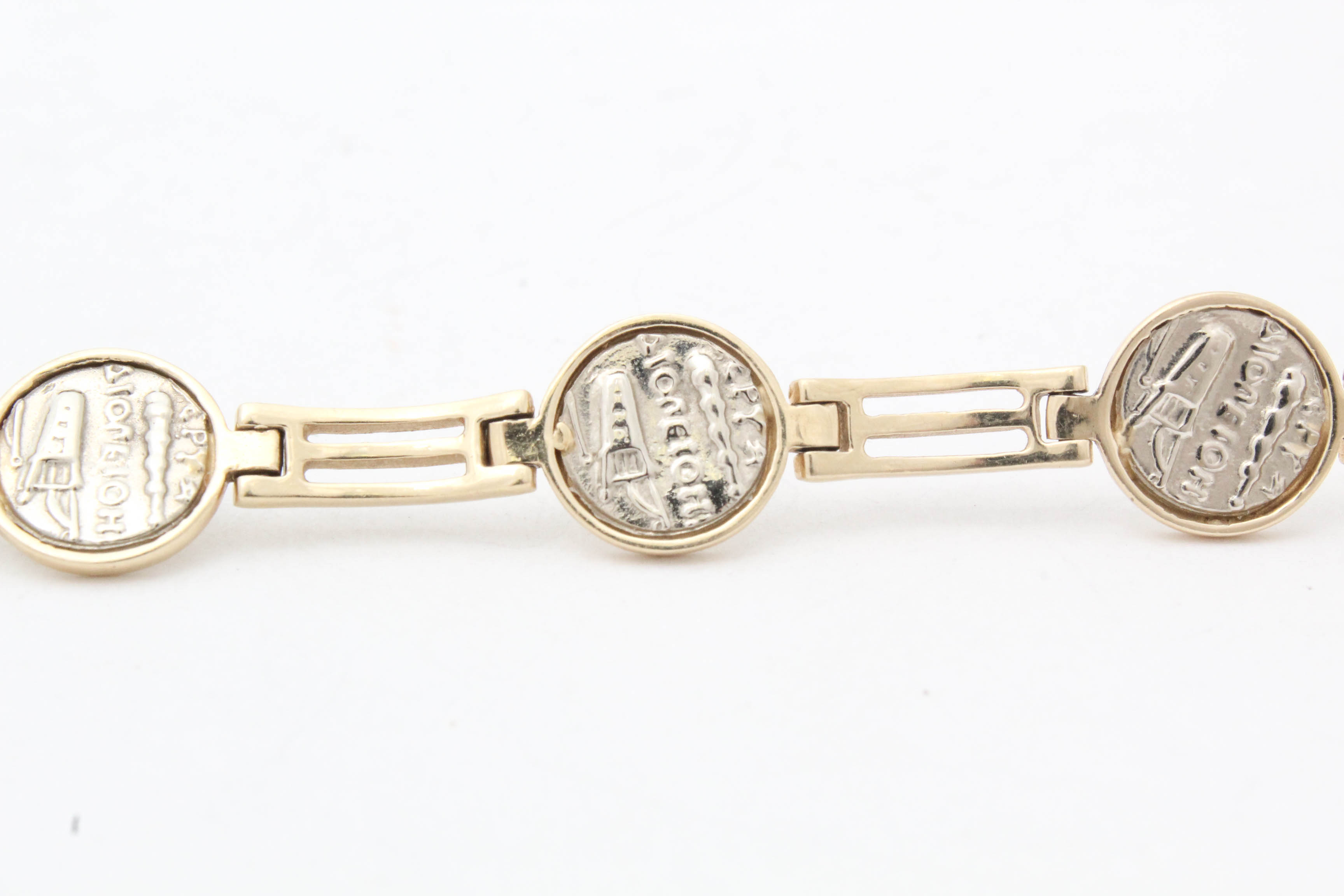 14K White and Yellow Gold Bracelet with Replica Greek Coinage