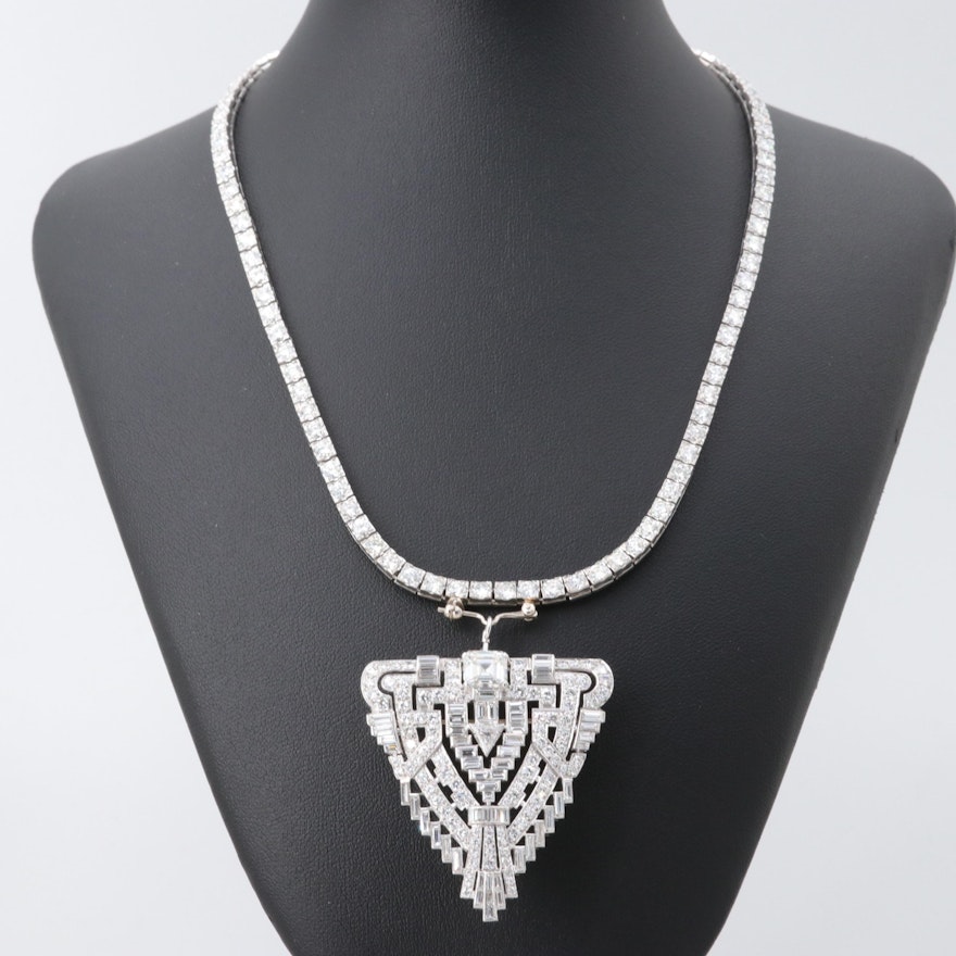 Art Deco Platinum 7.94 CTW Diamond Pendant on 8.60 CTW Diamond Tennis Necklace