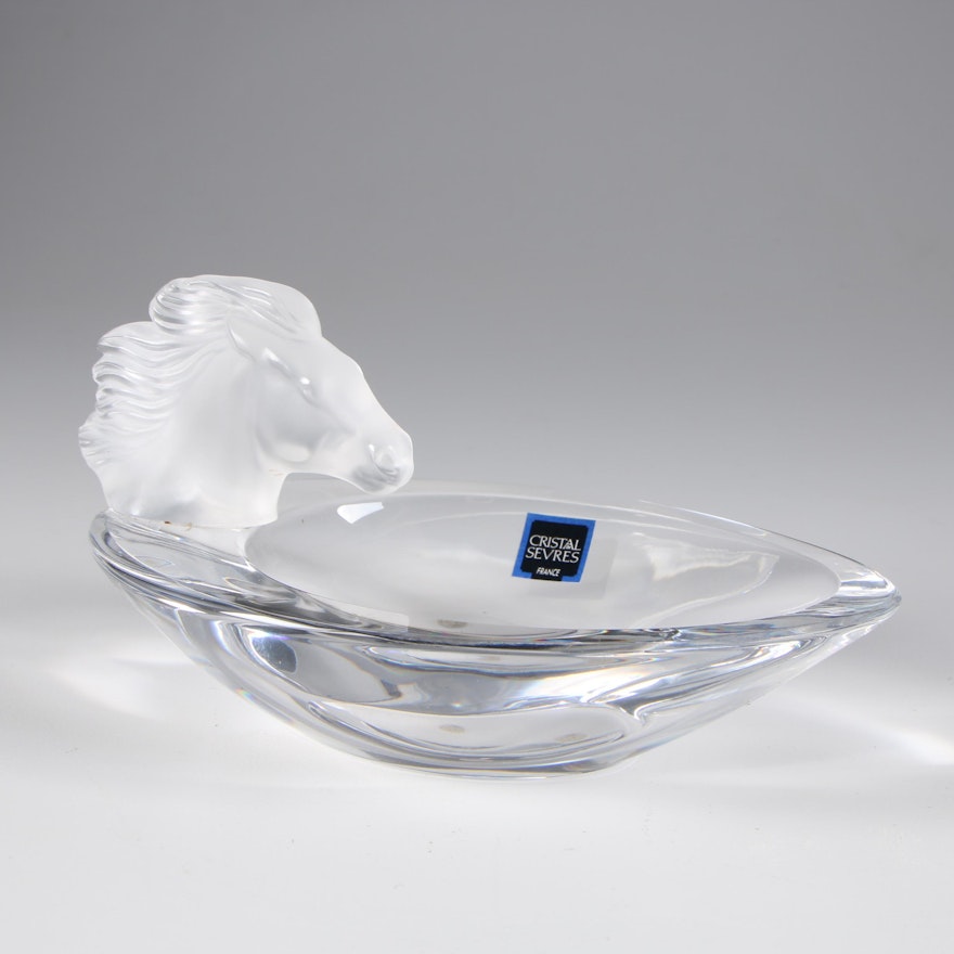 Cristal de Sèvres Art Glass Dish with Frosted Crystal Horse Head