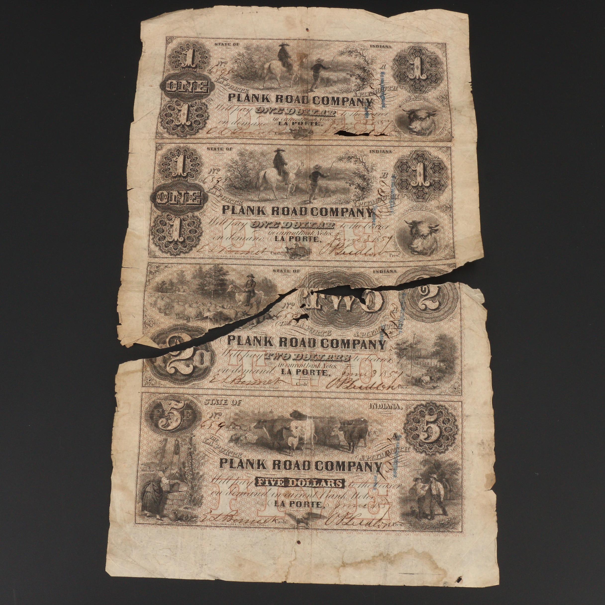Torn Uncut Sheet of 1857 Plank Road Co. Obsolete Banknotes