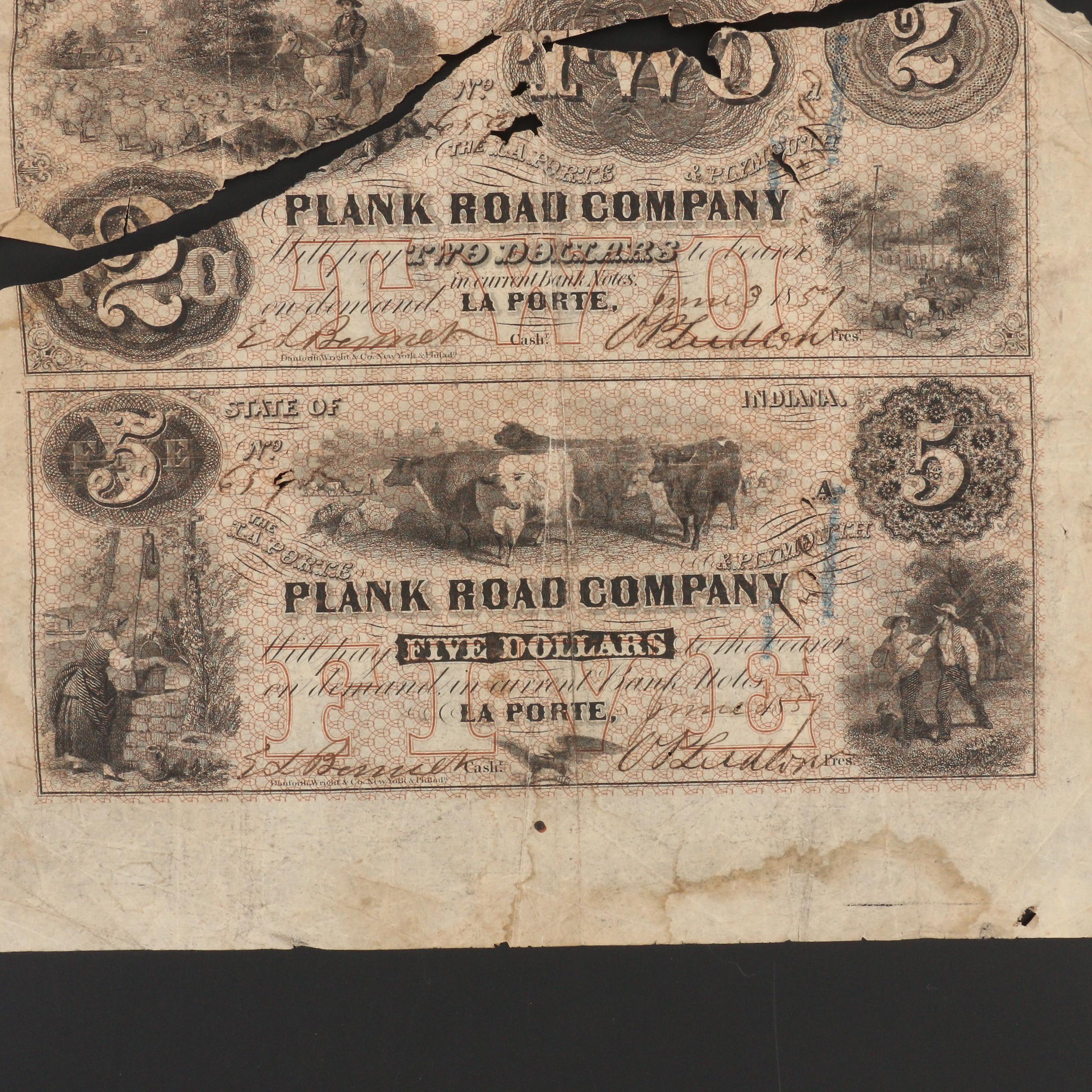 Torn Uncut Sheet of 1857 Plank Road Co. Obsolete Banknotes