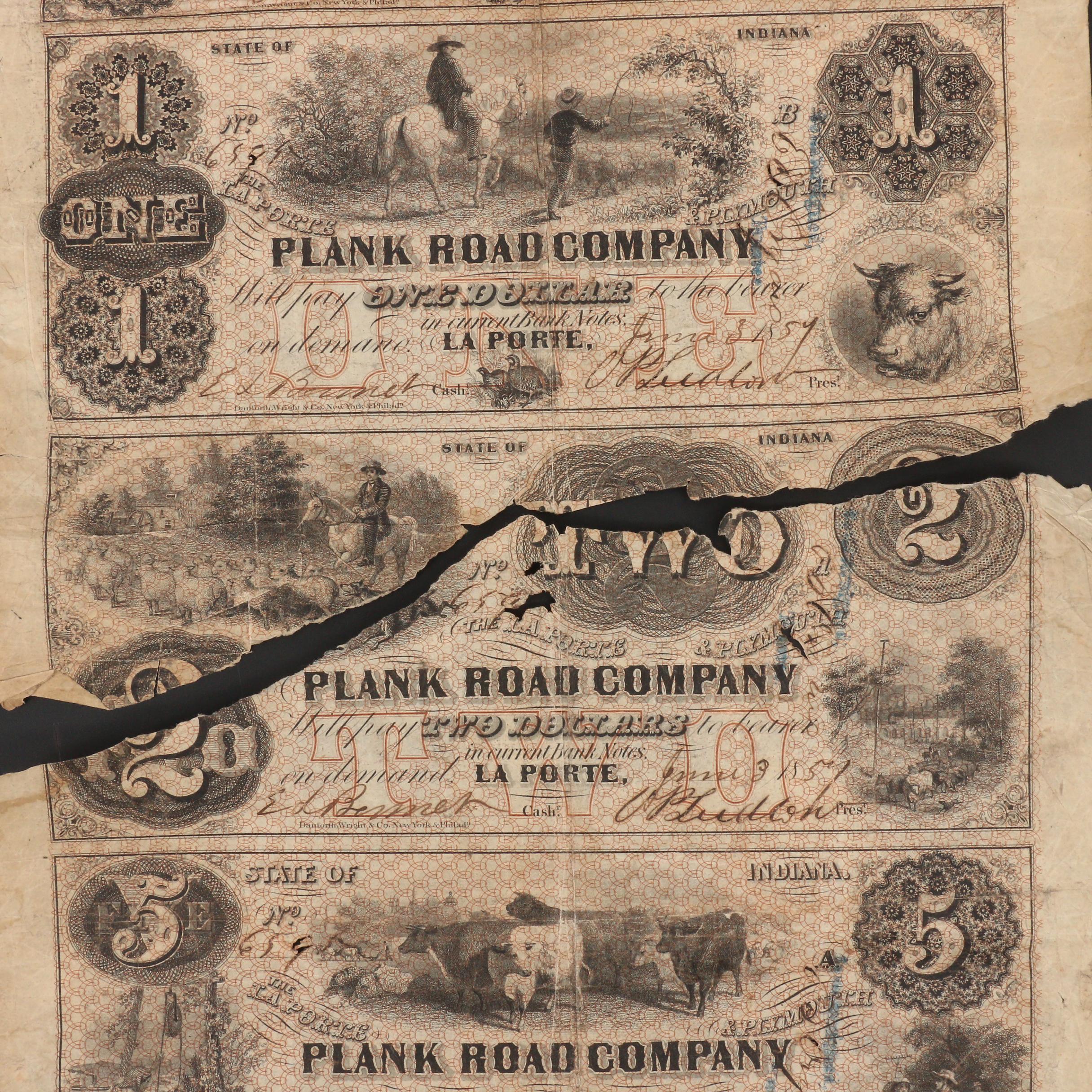 Torn Uncut Sheet of 1857 Plank Road Co. Obsolete Banknotes