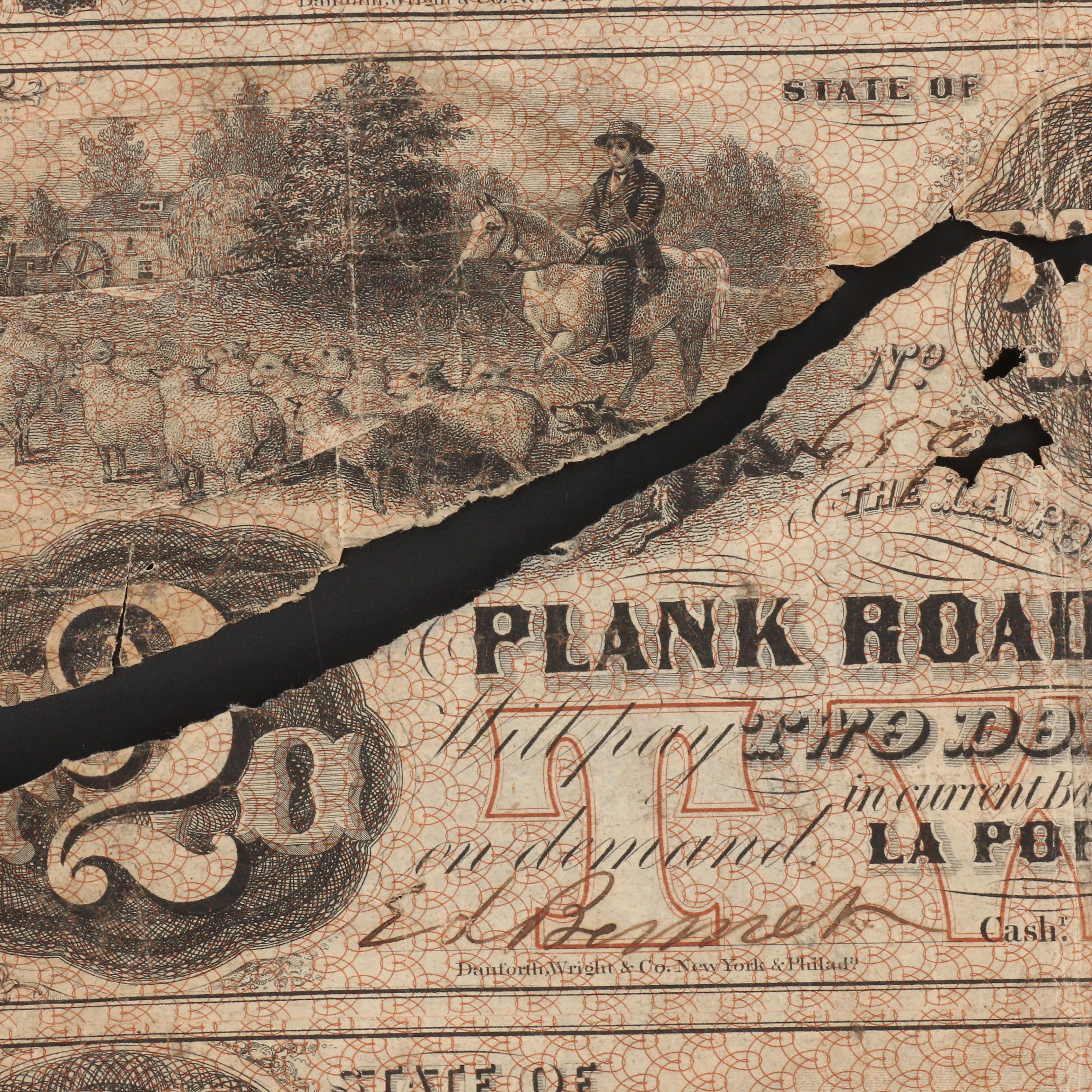 Torn Uncut Sheet of 1857 Plank Road Co. Obsolete Banknotes
