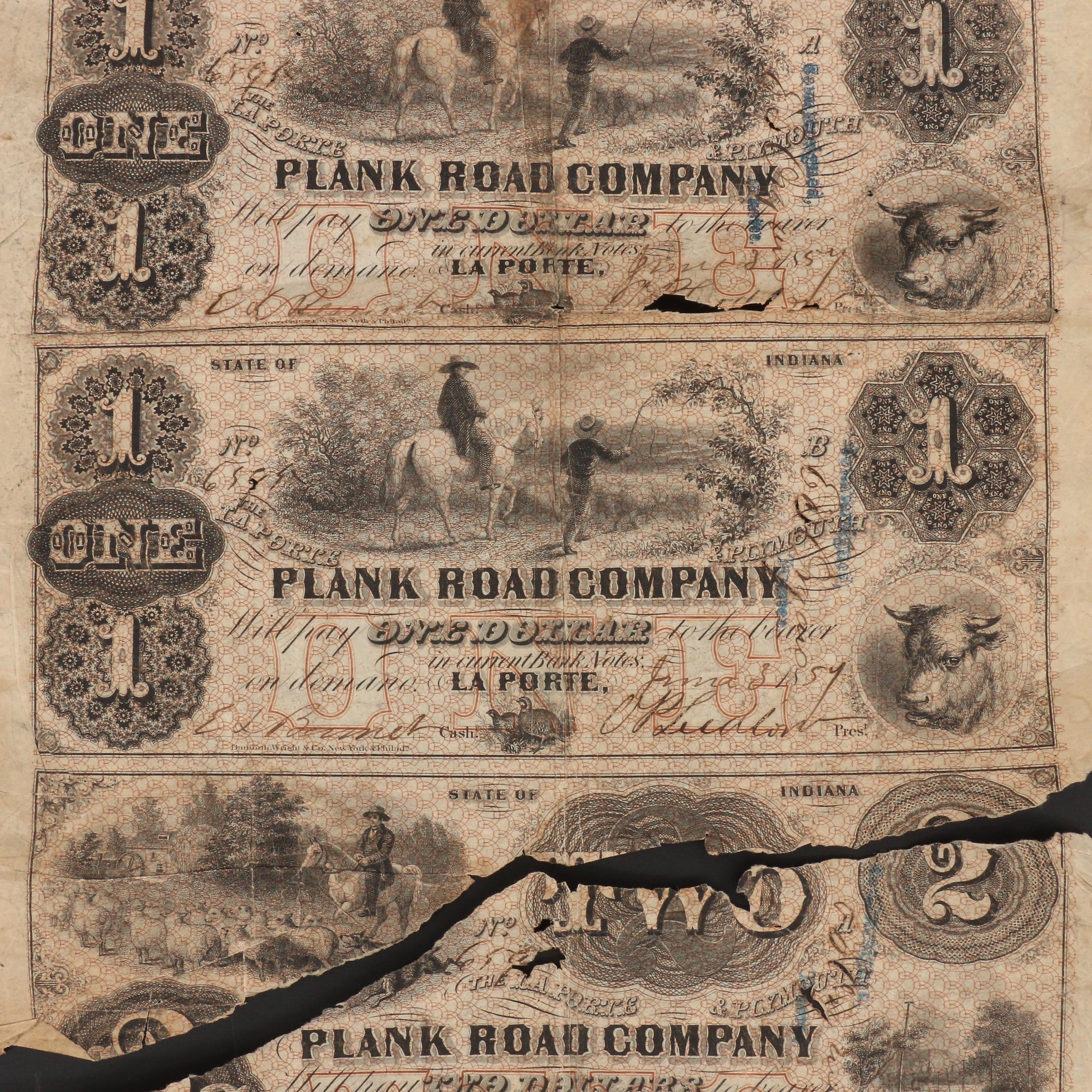 Torn Uncut Sheet of 1857 Plank Road Co. Obsolete Banknotes