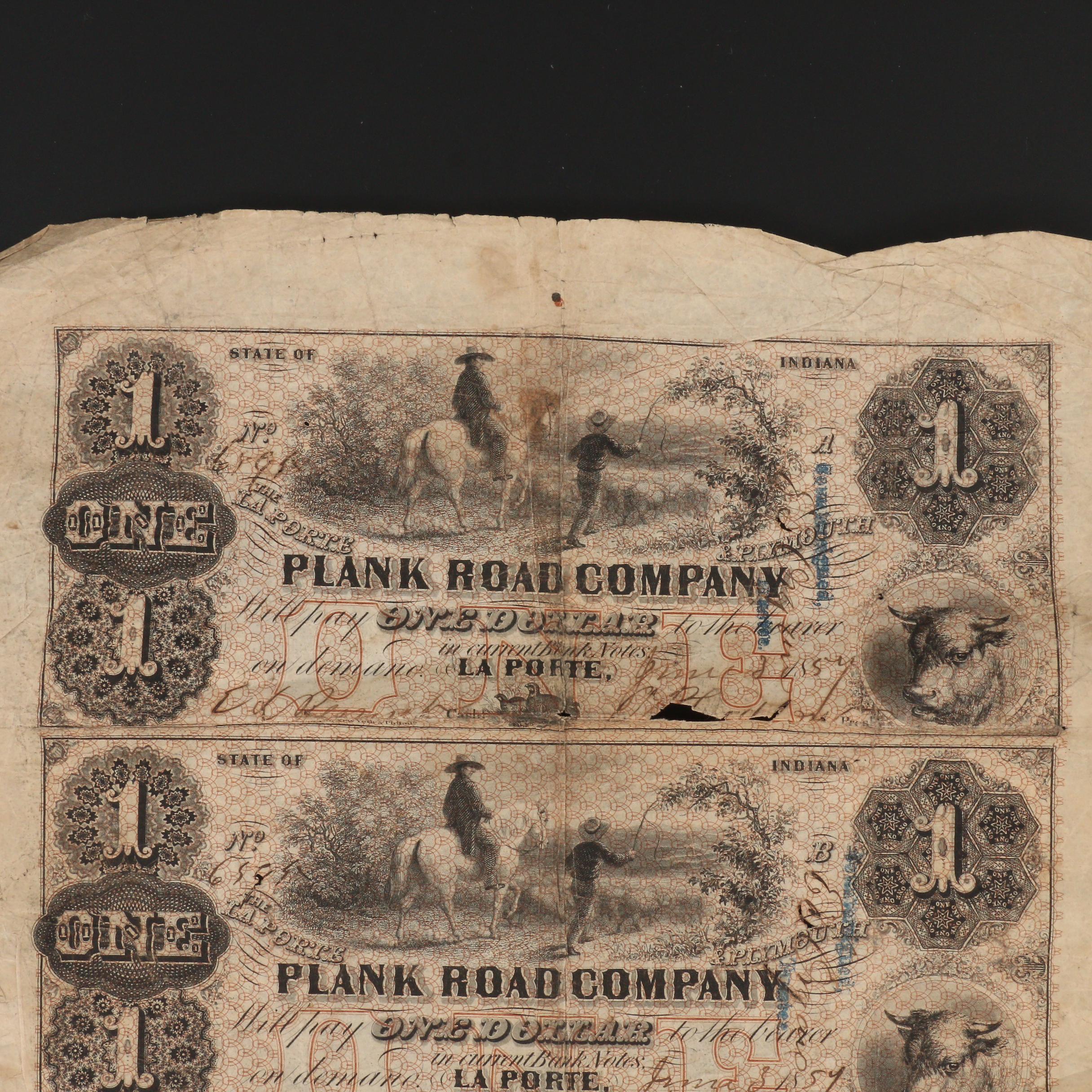 Torn Uncut Sheet of 1857 Plank Road Co. Obsolete Banknotes