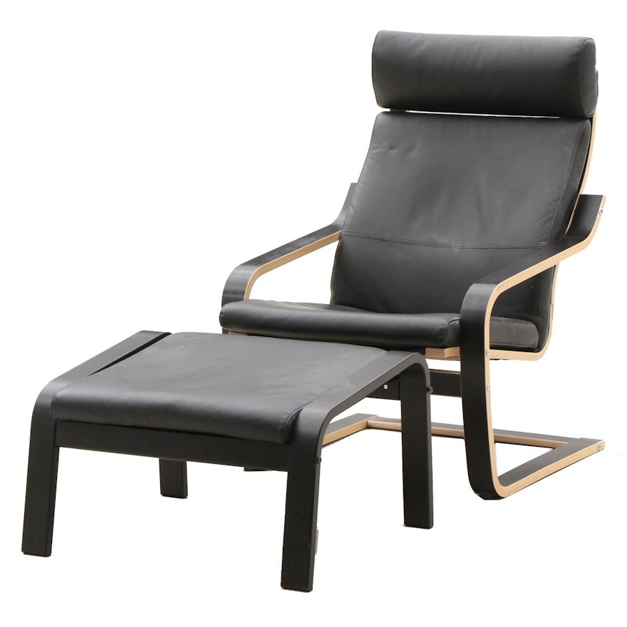 Ikea "Poang" Leather Lounge Chair with Ottoman in Black