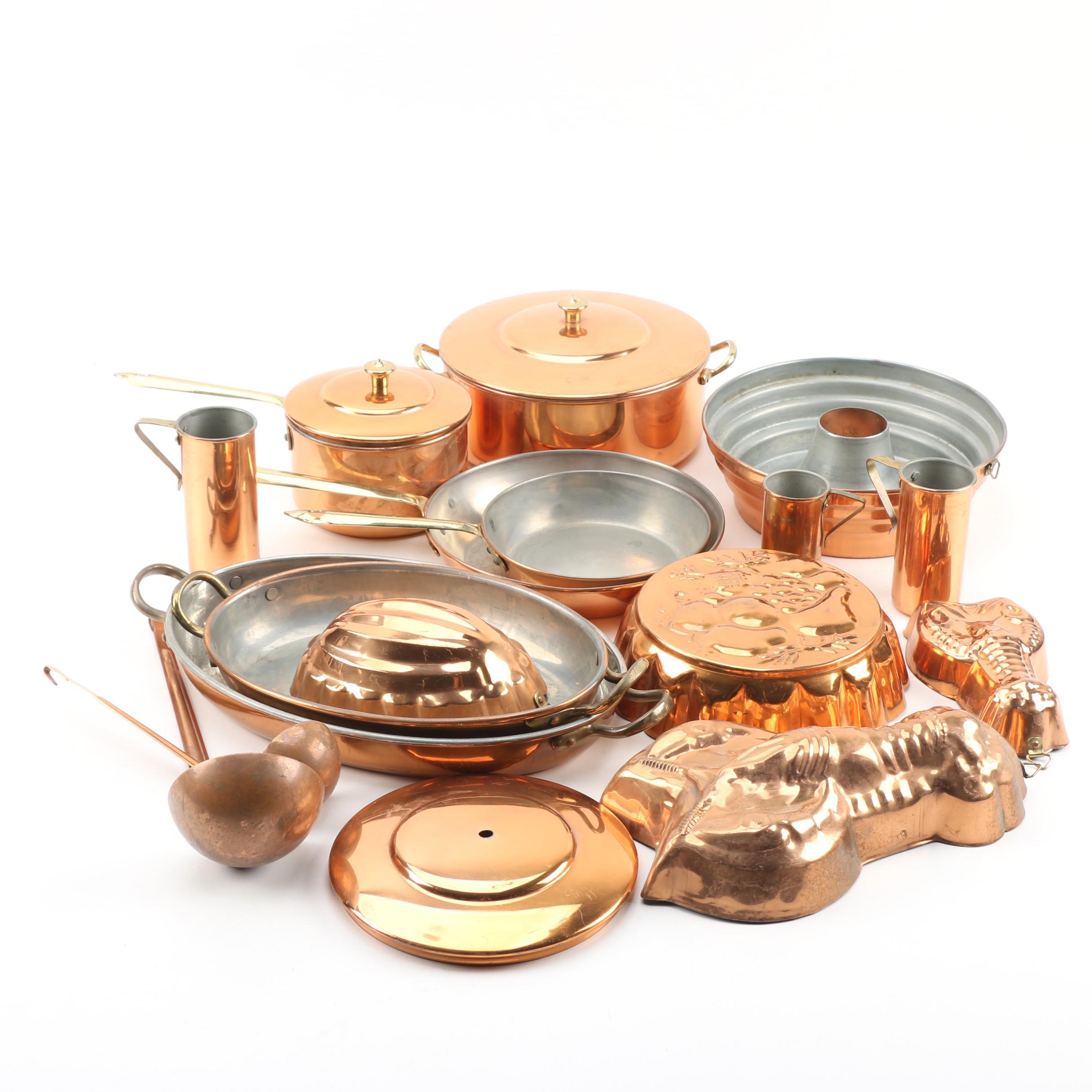 ODI Copper and Brass Cookware, Jelly Molds, and Utensils, Late 20th Century