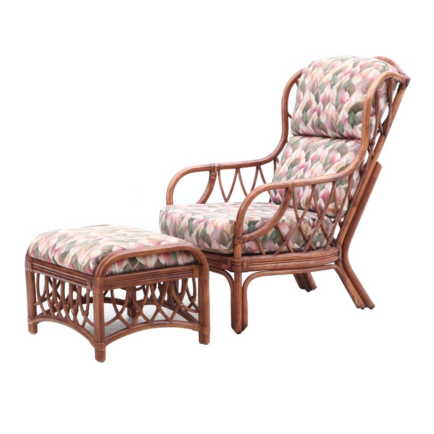 Bamboo and Rattan Armchair with Ottoman, Late 20th Century
