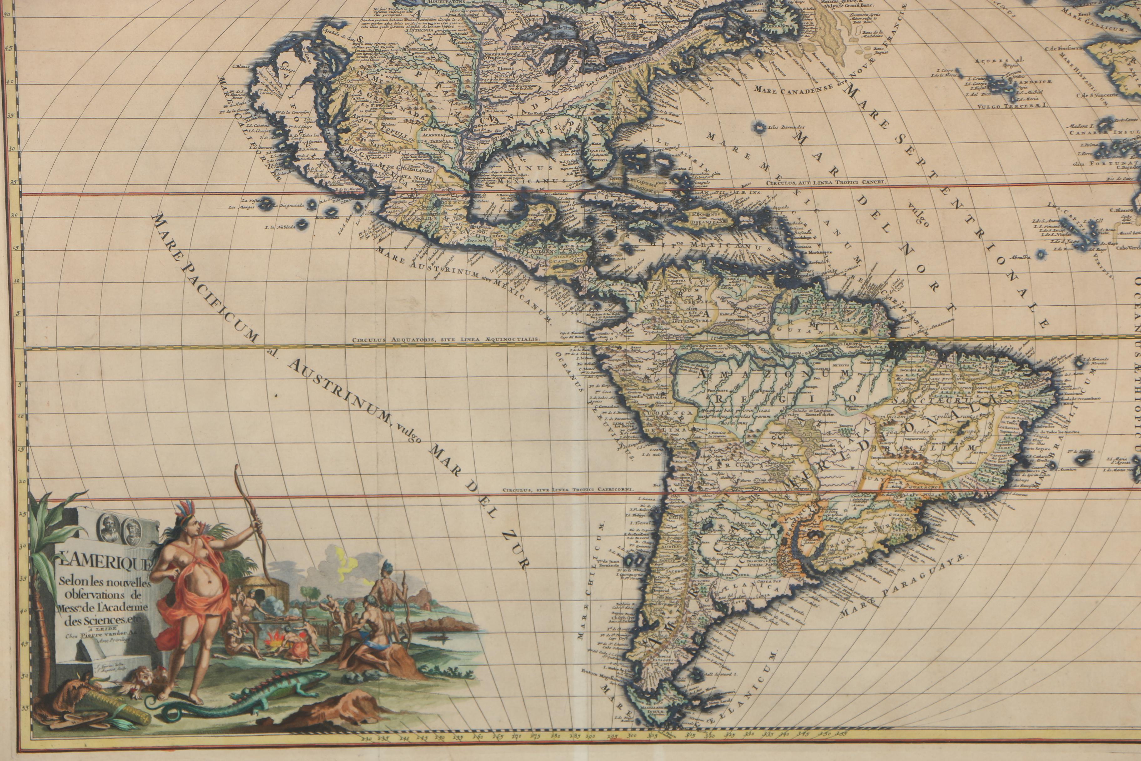 Pieter van der Aa Hand-Colored Engraving Map of the Americas, 1713