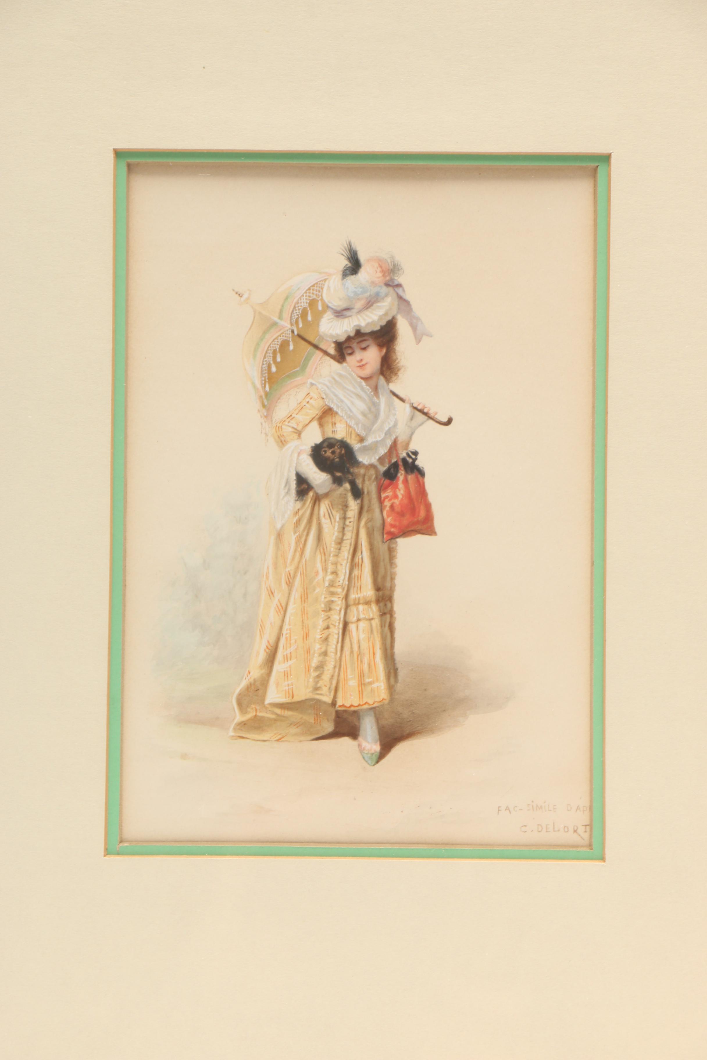 C. DeLori Hand-Embellished Lithograph "Parisian Girl with Umbrella and Dog"