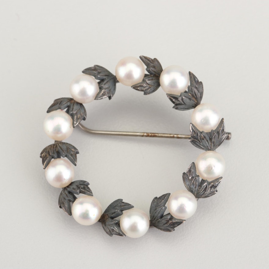 Vintage Mikimoto Sterling Silver Cultured Pearl Circle Brooch