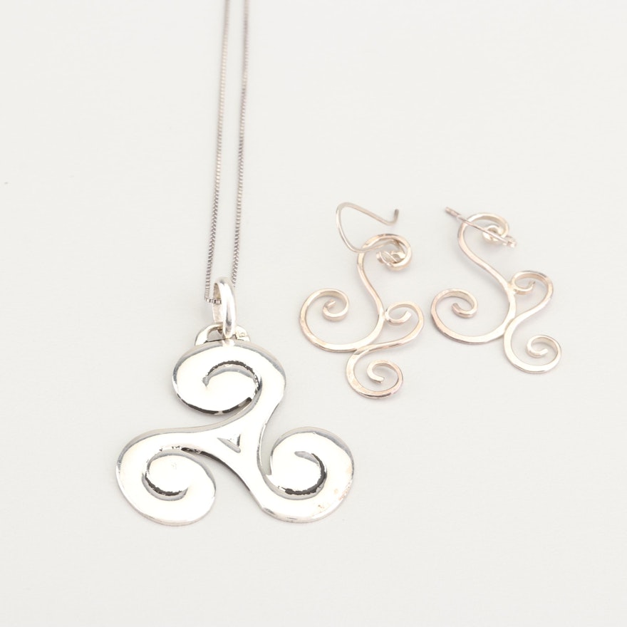 Sterling Silver Earrings and Sterling Silver Chain with Silver Tone Pendant