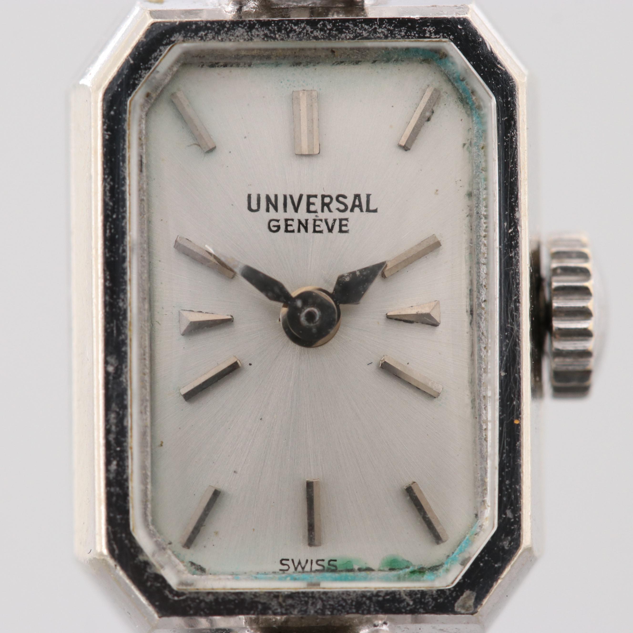 Vintage Universal Genève 14K White Gold Watch With Diamond Lugs