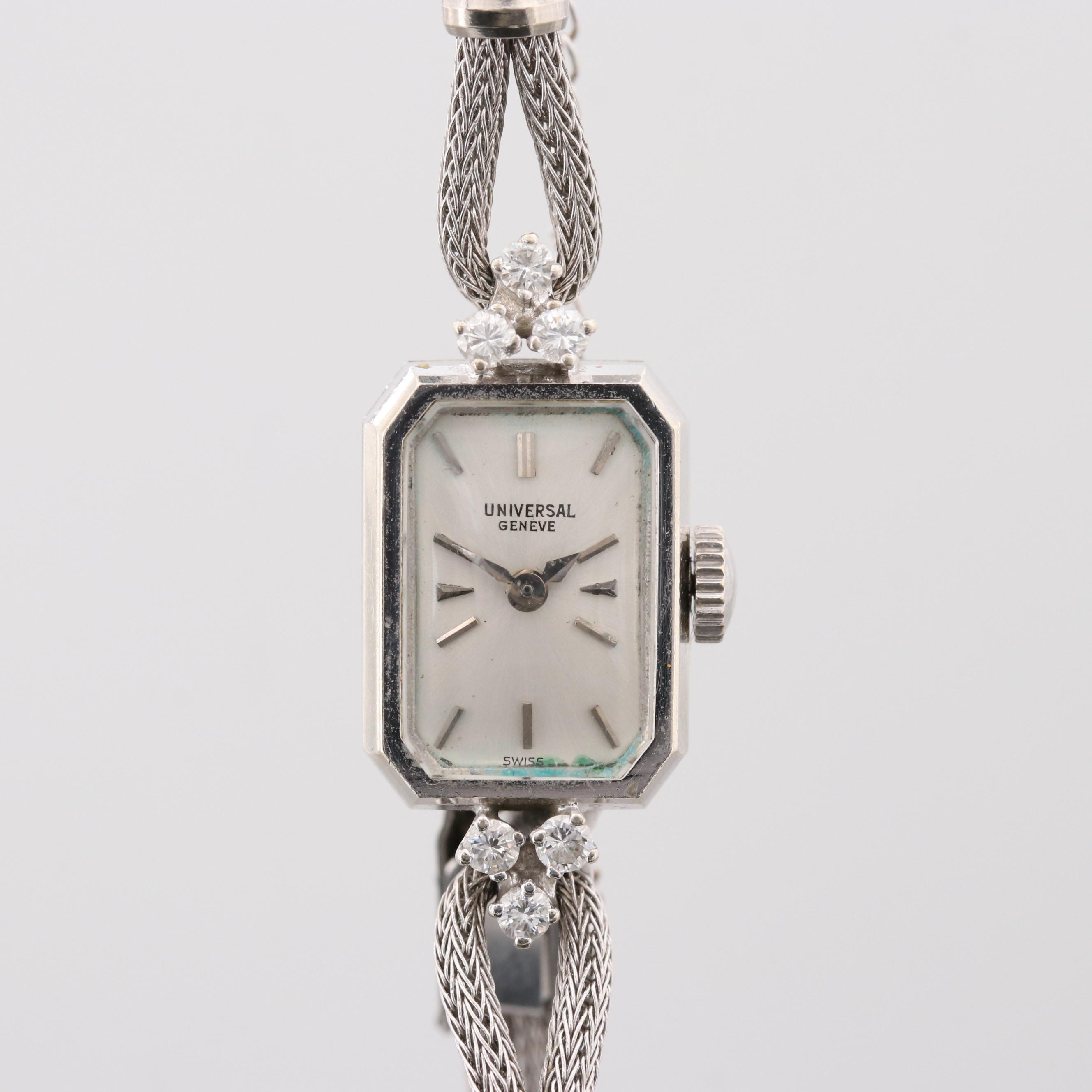 Vintage Universal Genève 14K White Gold Watch With Diamond Lugs