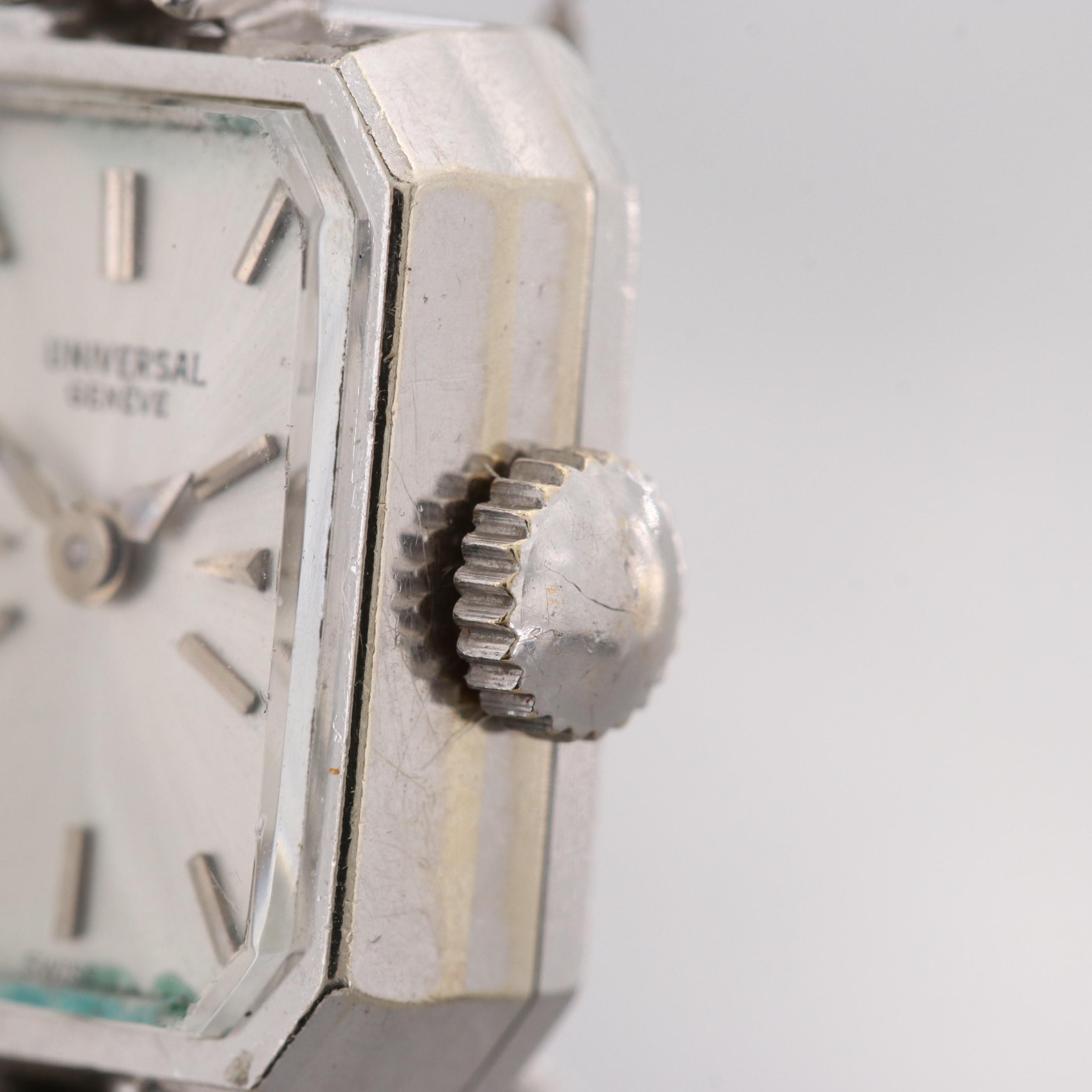 Vintage Universal Genève 14K White Gold Watch With Diamond Lugs