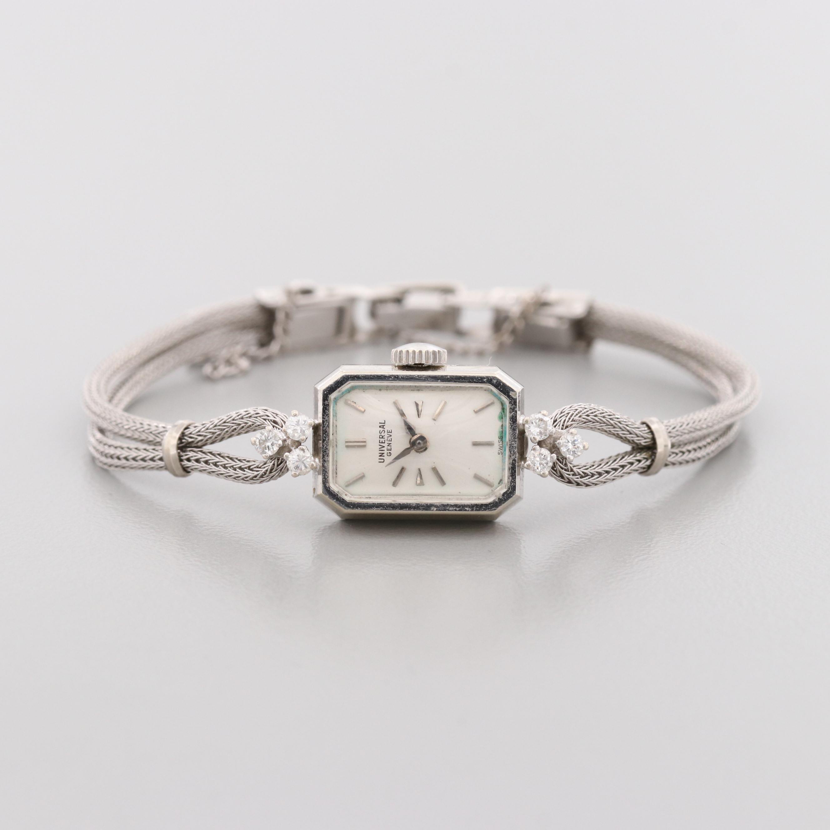 Vintage Universal Genève 14K White Gold Watch With Diamond Lugs