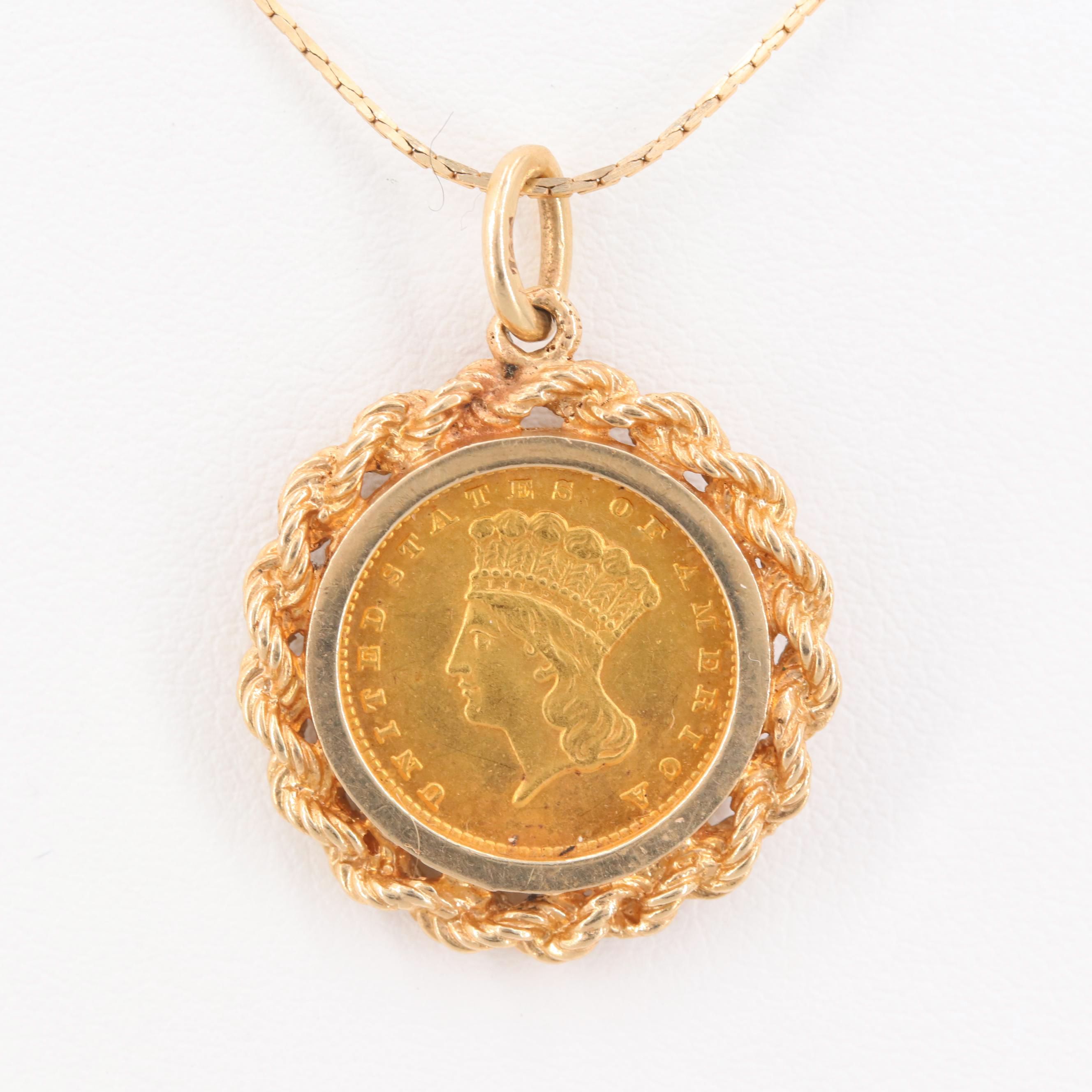 14K Yellow Gold Necklace with 1862 Indian Princess Head $1 Gold Coin