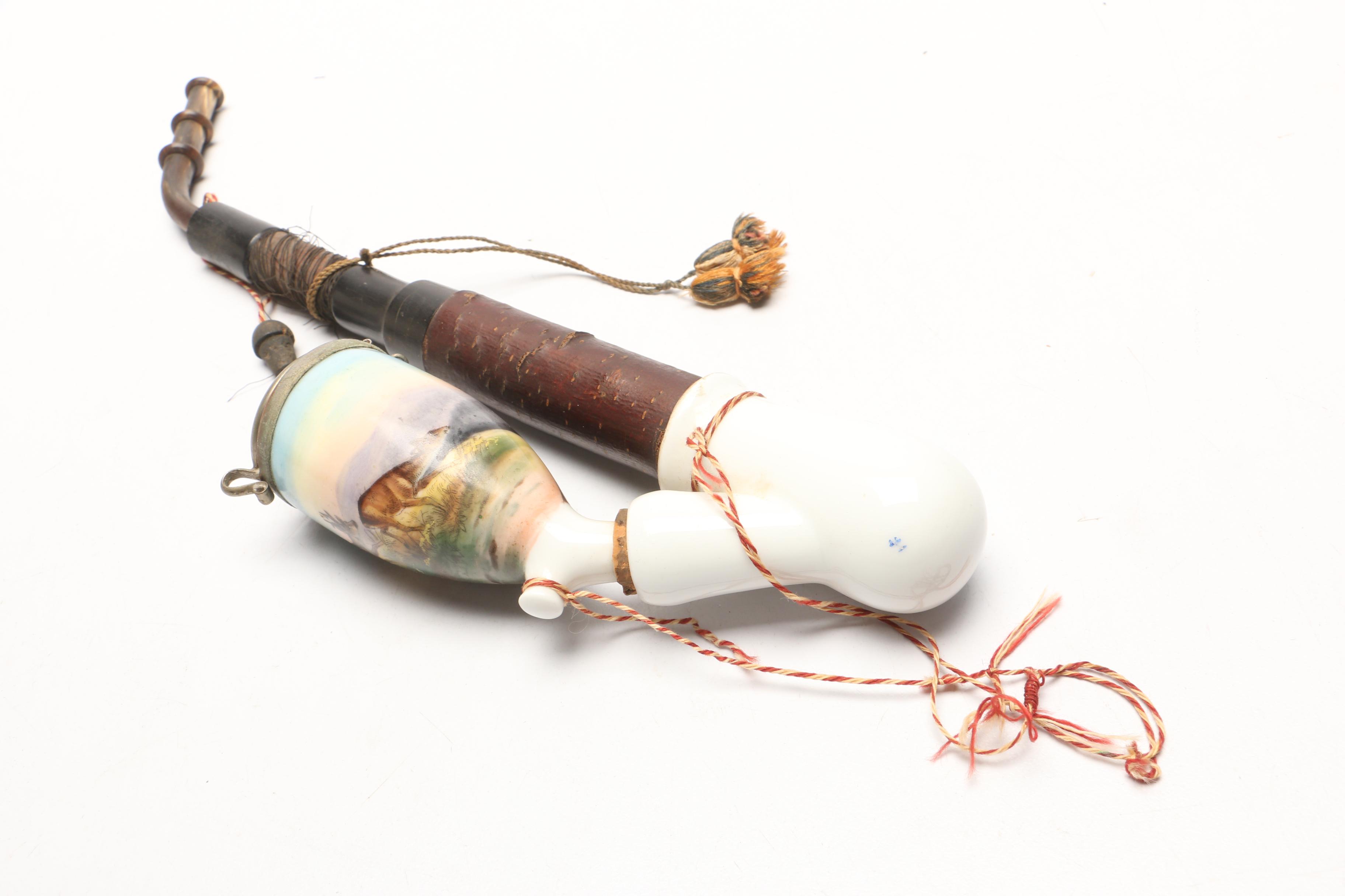 German Tobacco Pipes With Porcelain Bowls