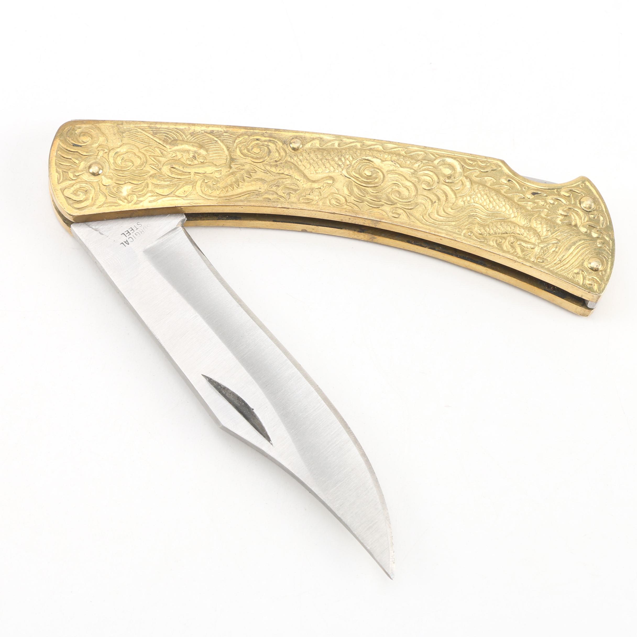 Cobra Japanese "Golden Dragon" Etched Brass Folding Knife with Surgical Steel
