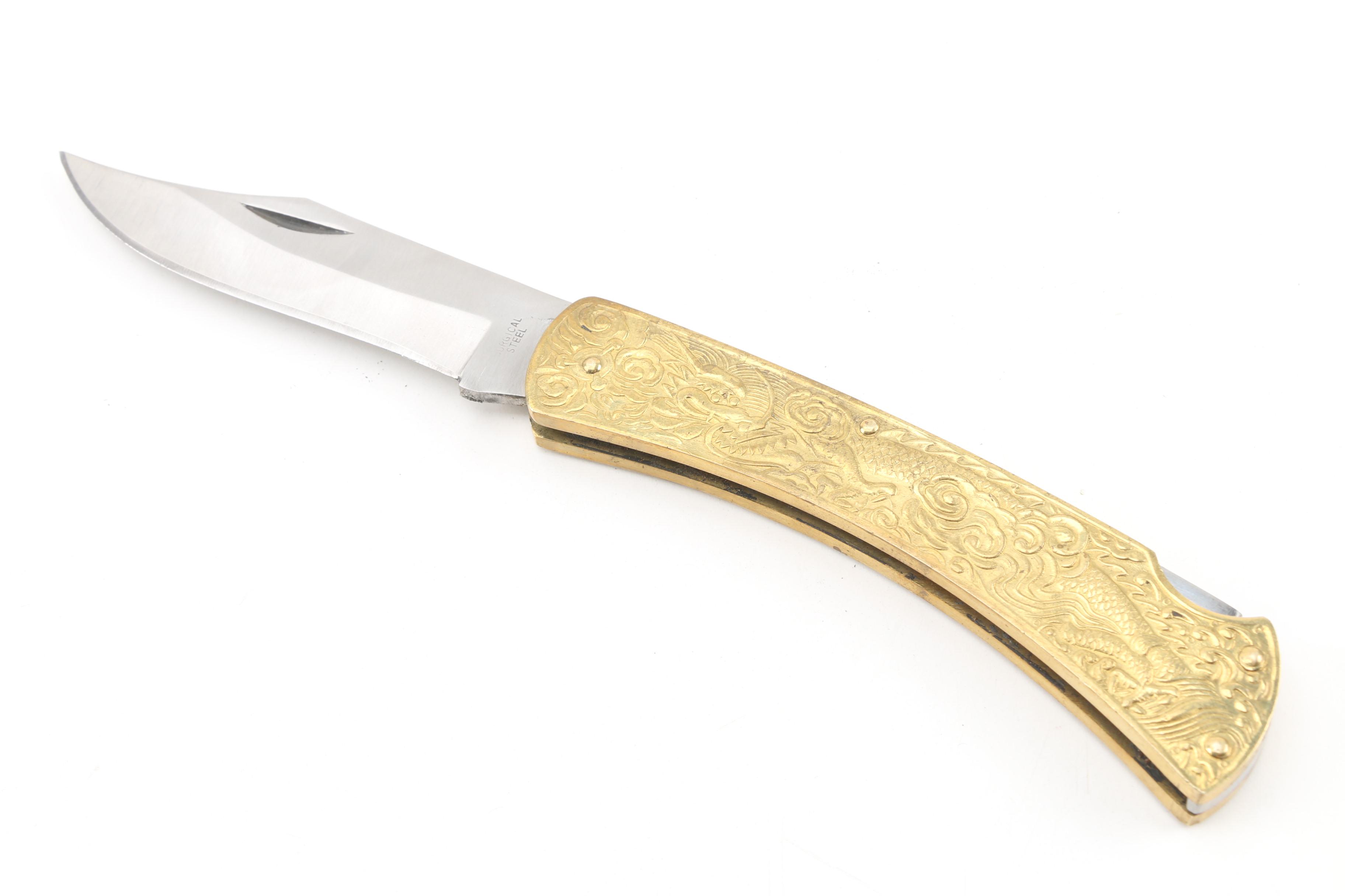 Cobra Japanese "Golden Dragon" Etched Brass Folding Knife with Surgical Steel