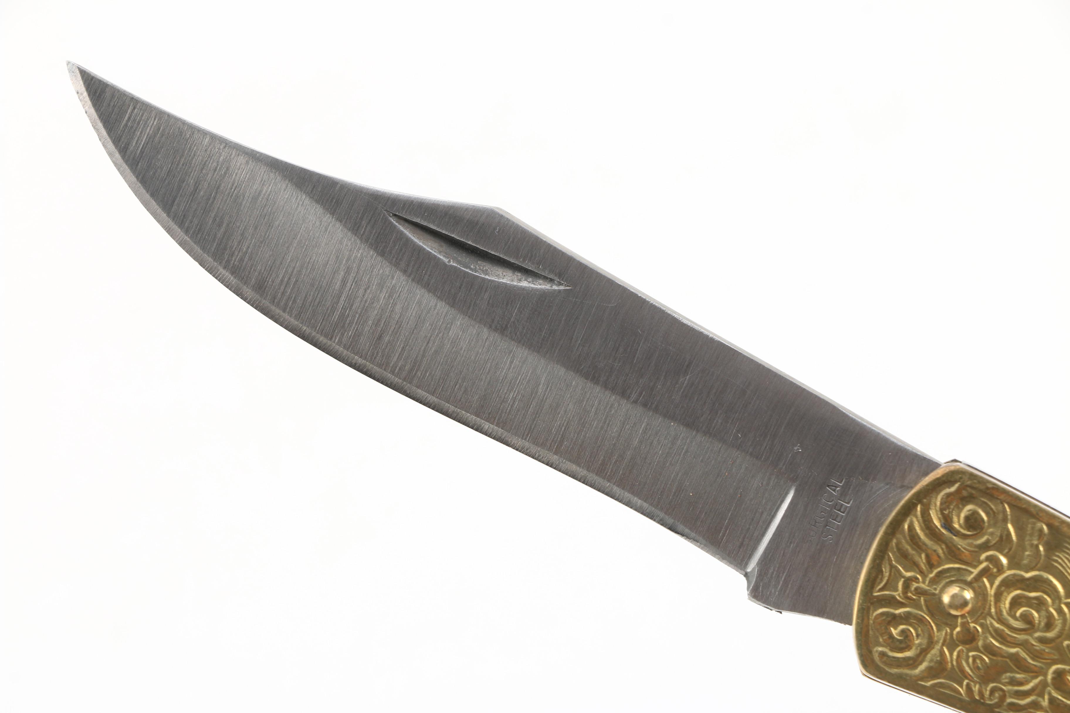 Cobra Japanese "Golden Dragon" Etched Brass Folding Knife with Surgical Steel