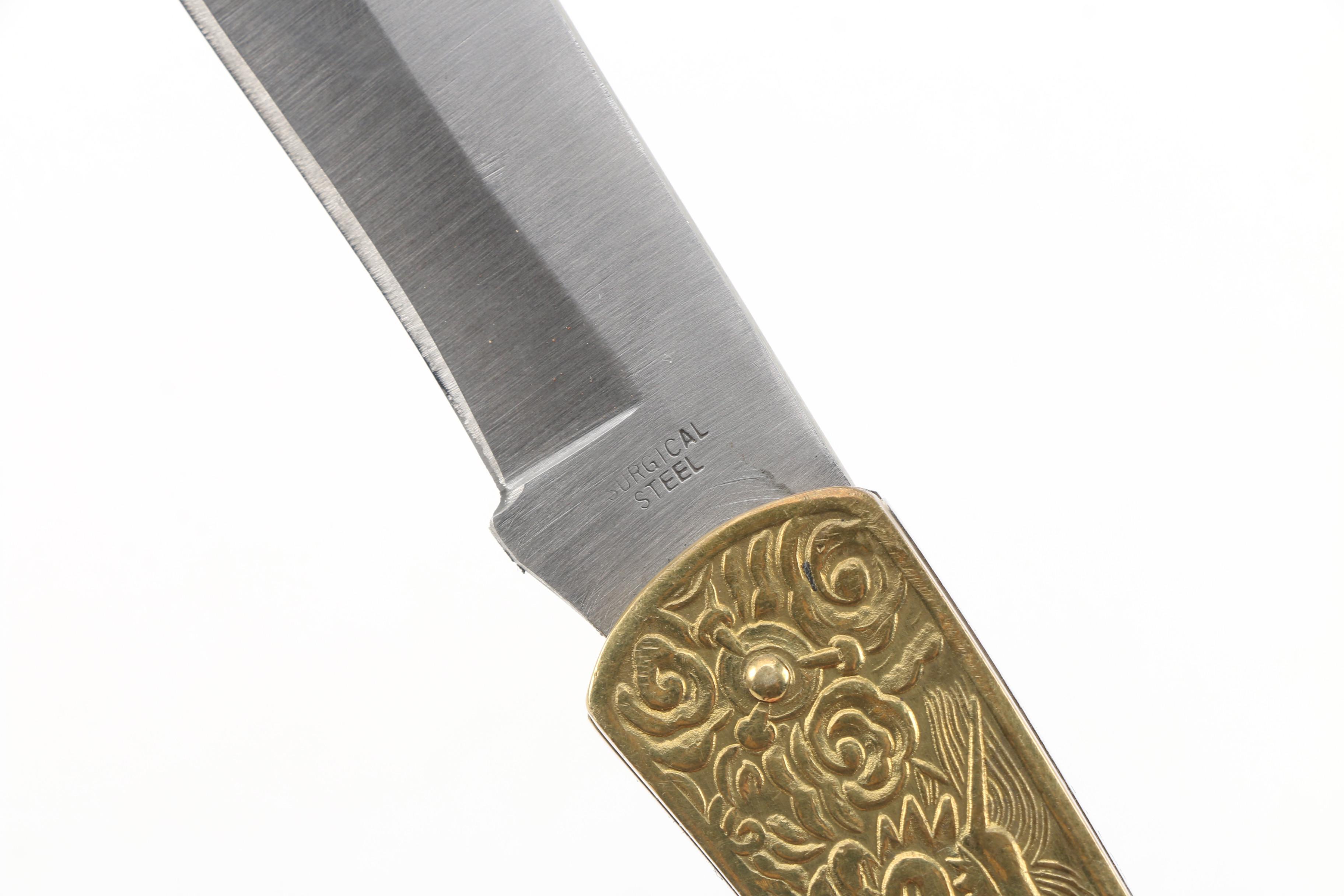 Cobra Japanese "Golden Dragon" Etched Brass Folding Knife with Surgical Steel