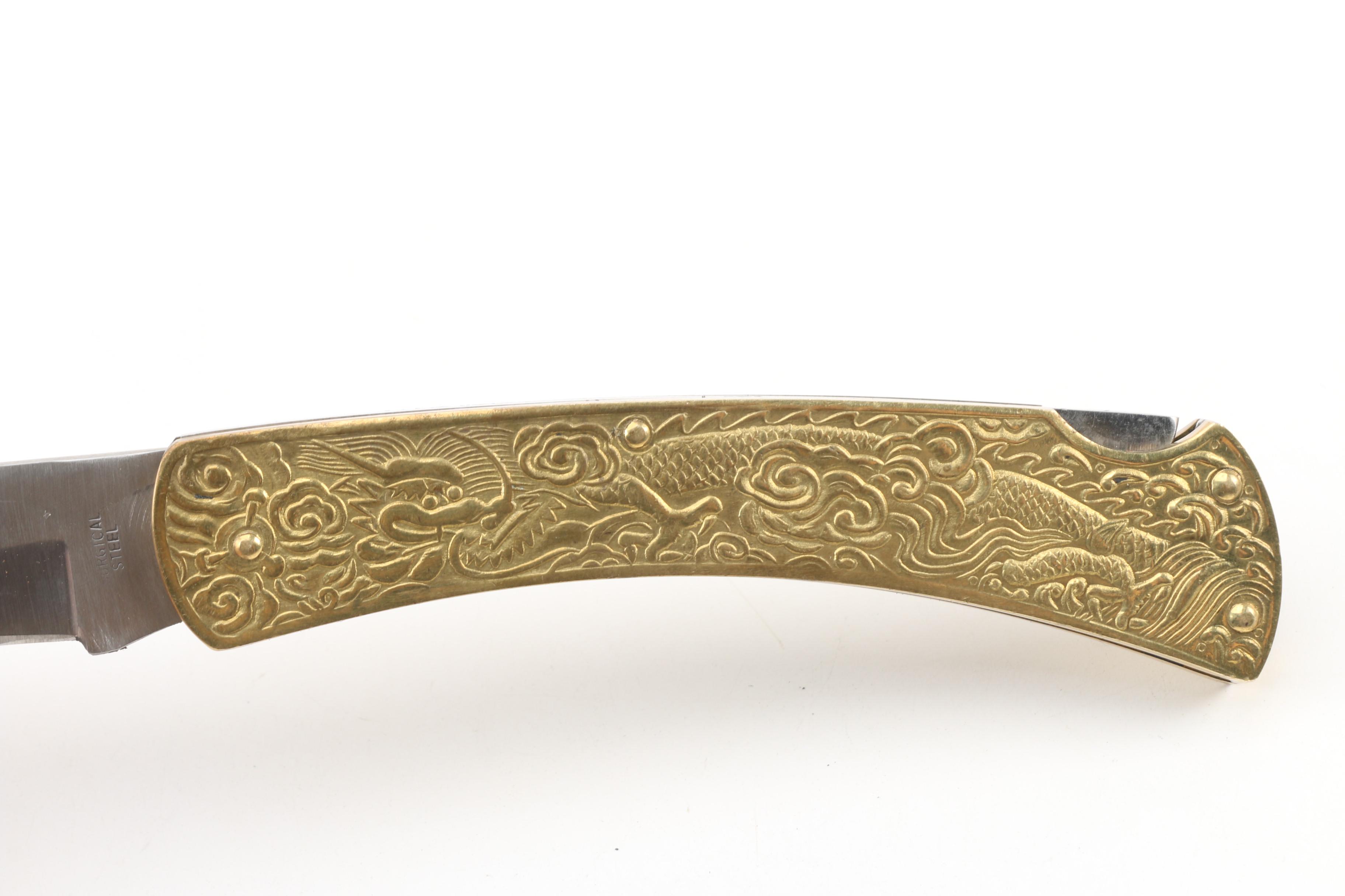 Cobra Japanese "Golden Dragon" Etched Brass Folding Knife with Surgical Steel