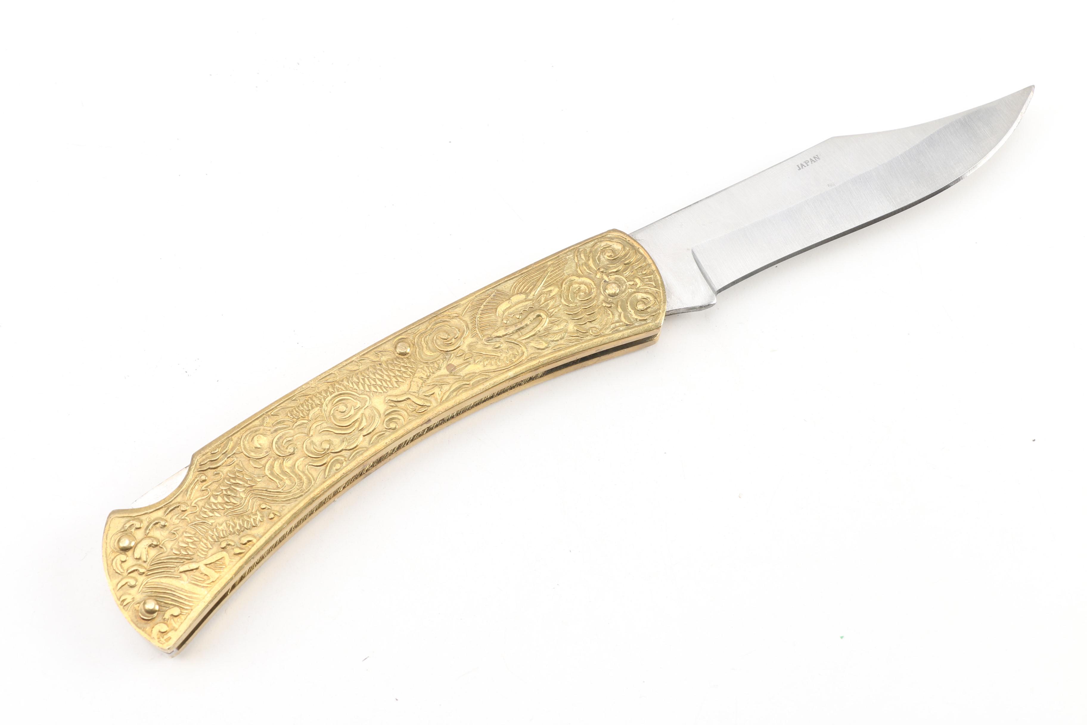 Cobra Japanese "Golden Dragon" Etched Brass Folding Knife with Surgical Steel
